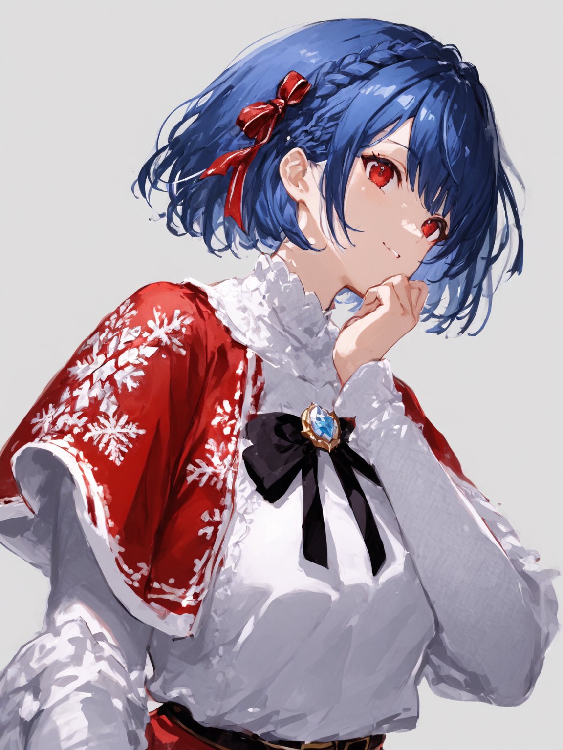 masterpiece, best quality, 8k, 8k UHD, ultra-high resolution, ultra-high definition, highres
,//Character, 
1girl, solo, short hair, blue hair, shiny hair, red eyes, bangs, braid
,//Fashion, 
santa_costume, hair ribbon
,//Background, white_background
,//Others, ,Expressiveh,
dynamic pose, dark energy