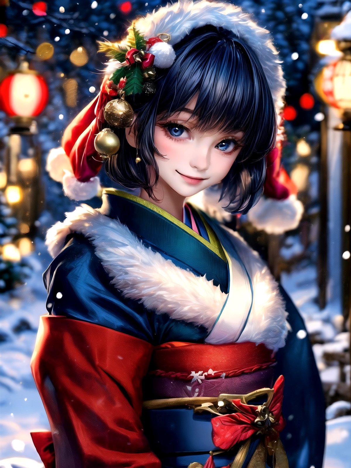 Warm lighting, beautiful Japanese girl, detailed face, shy smile, dark eyes, short bobbed hair, gorgeous hair ornament, details (dark blue silk brocade kimono), Kyoto, outdoors, winter, snow, full-length portrait, realistic ,Japanese girl, Santa Claus, Christmas, young girl, background slightly blurred,