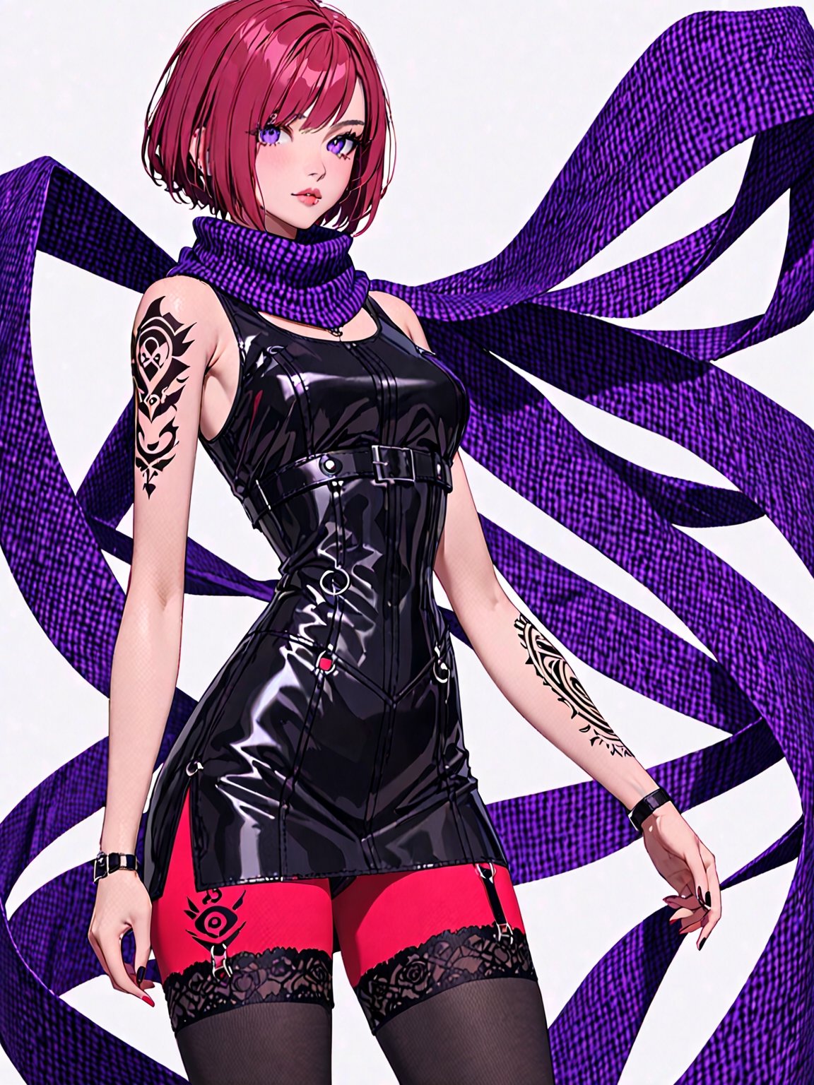 //Quality, masterpiece, best quality, detailmaster2, 8k, 8k UHD, ultra detailed, ultra-high resolution, ultra-high definition, highres, 
//Character, 1girl, solo, NelZelpher_SO3, purple eyes, short hair, red hair, tattoo,
//Fashion, black thighhighs, scarf, 
//Background, white background, 
//Others, 