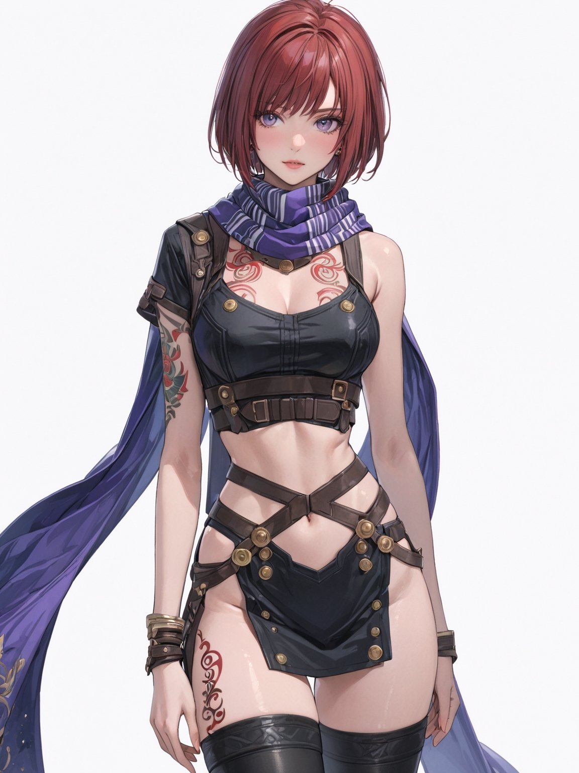 //Quality, masterpiece, best quality, detailmaster2, 8k, 8k UHD, ultra detailed, ultra-high resolution, ultra-high definition, highres, 
//Character, 1girl, solo, NelZelpher_SO3, purple eyes, short hair, red hair, tattoo,
//Fashion, black thighhighs, scarf, 
//Background, white background, 
//Others, 