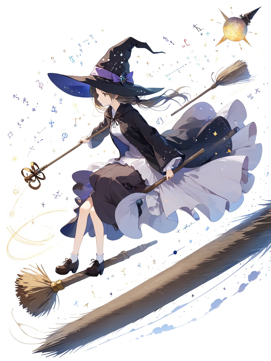 masterpiece, best quality, highres
,//Character, 
1girl, solo
,//Fashion, 
,//Background, white background
,//Others, ,Expressiveh, 
,AobaTsukuyo,
A girl riding a giant pencil like a witch's broomstick, soaring through a sky filled with floating mathematical equations.