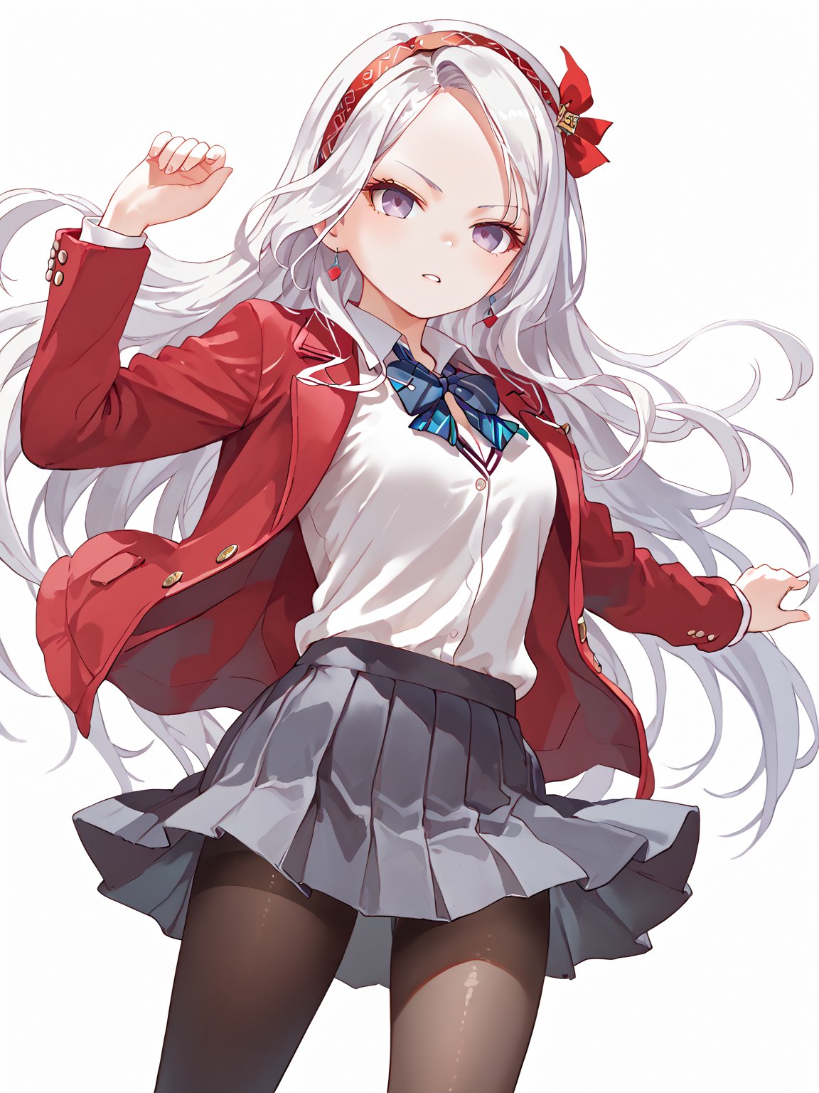 score_9,score_8_up,score_7_up,score_6_up, masterpiece, best quality, 8k, 8k UHD, ultra-high resolution, ultra-high definition, highres
,//Character, 
1girl, solo, long hair, white hair, purple eyes
,//Fashion, 
school uniform, red jacket, pantyhose, pleated skirt, hairband
,//Background, white_background
,//Others, ,Expressiveh,
fighting stance, dynamic pose,forehead