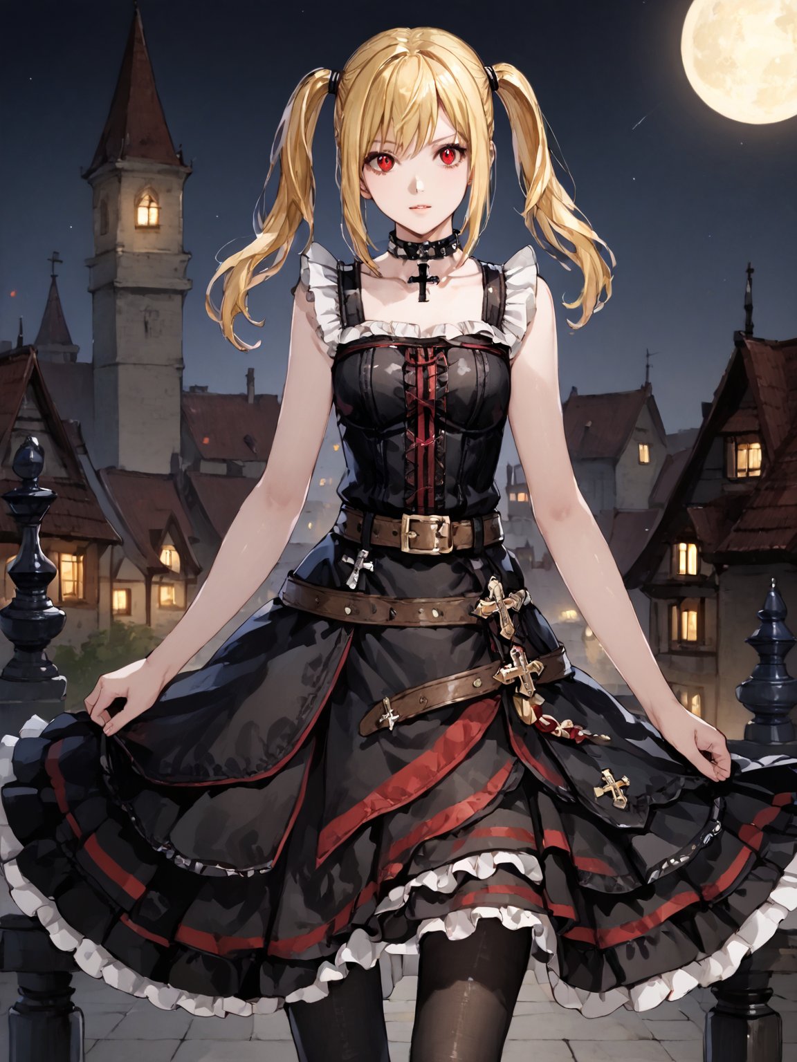 masterpiece, best quality, highres
,//Character, 
1girl, solo,AmaneMisa, twintails, blonde hair, red eyes, sidelocks
,//Fashion, 
black dress, sleeveless, bare shoulders, collarbone, choker, skirt, frills, belt, black pantyhose, cross
,//Background, 
,//Others, ,Expressiveh, 
A twin-tailed assassin girl perched on a rooftop, observing a medieval fantasy city at night.