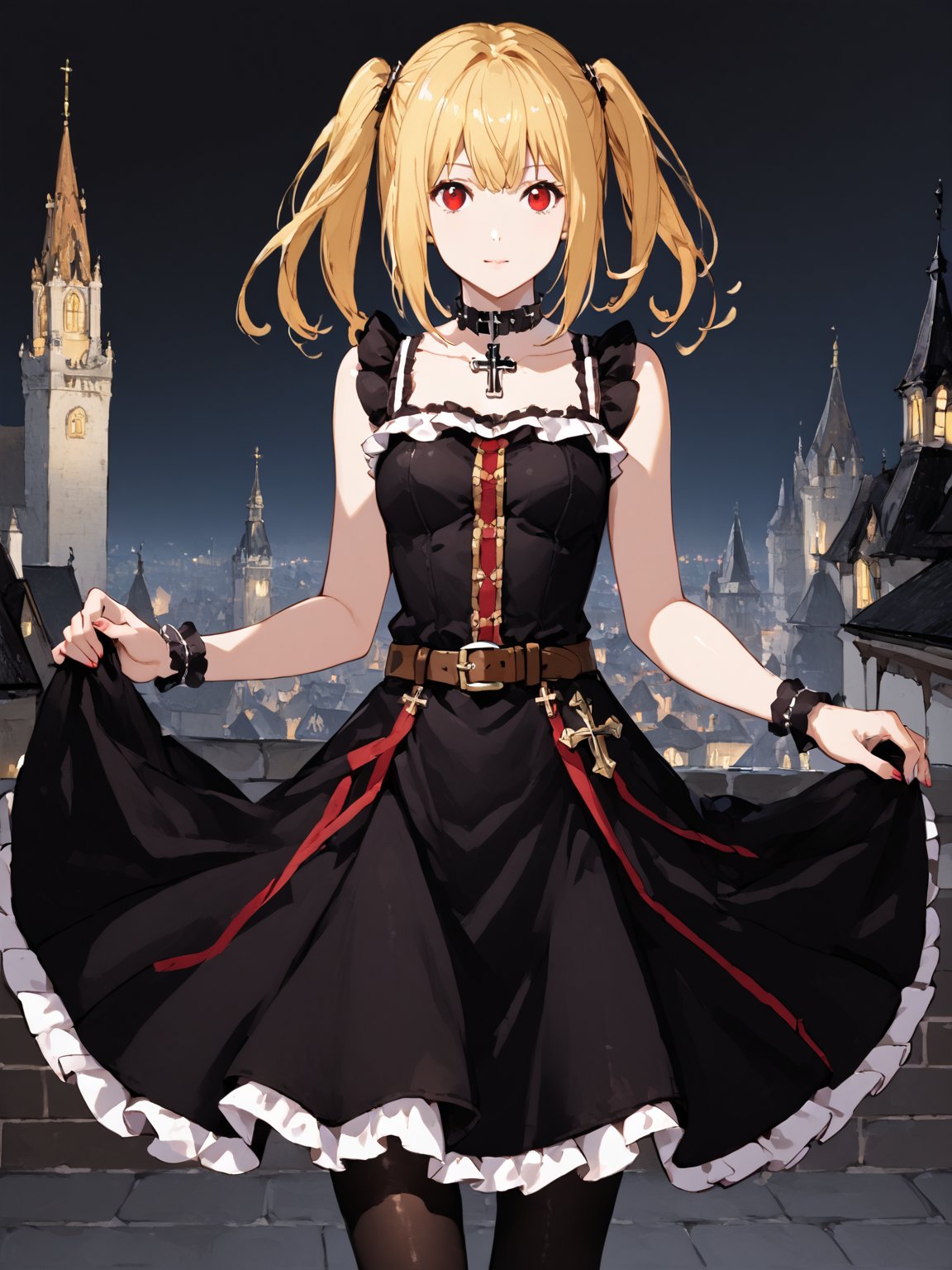 masterpiece, best quality, highres
,//Character, 
1girl, solo,AmaneMisa, twintails, blonde hair, red eyes, sidelocks
,//Fashion, 
black dress, sleeveless, bare shoulders, collarbone, choker, skirt, frills, belt, black pantyhose, cross
,//Background, 
,//Others, ,Expressiveh, 
A twin-tailed assassin girl perched on a rooftop, observing a medieval fantasy city at night.