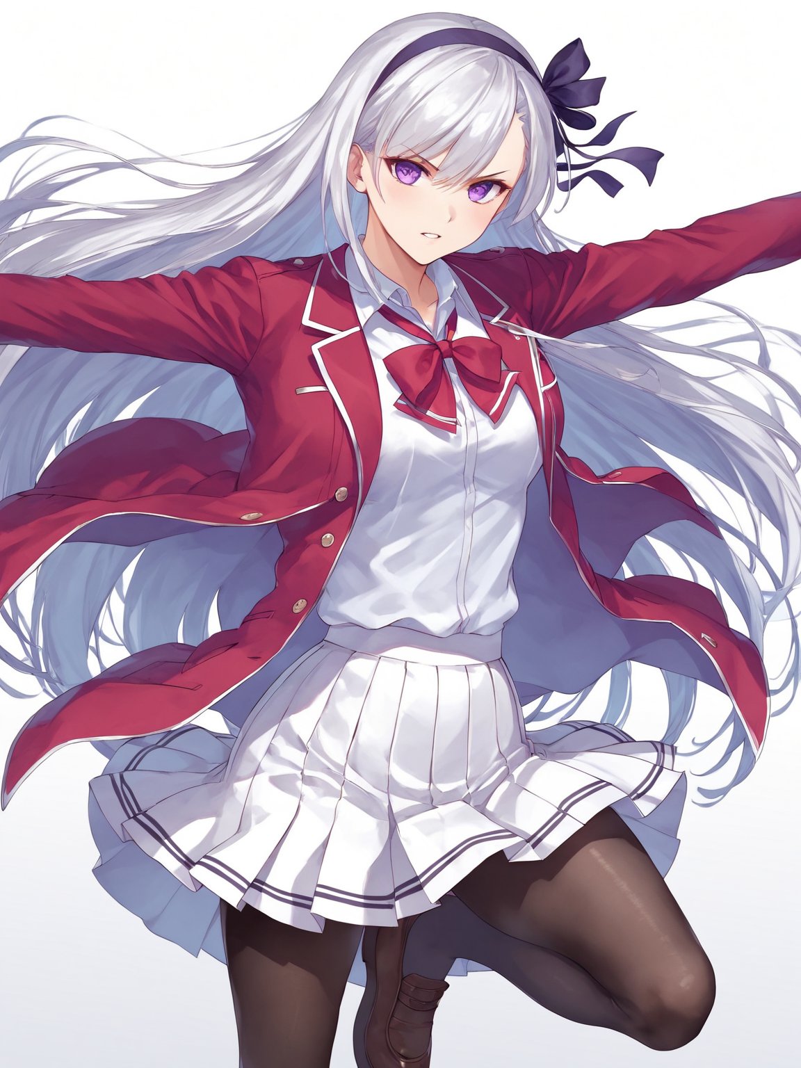 score_9,score_8_up,score_7_up,score_6_up, masterpiece, best quality, 8k, 8k UHD, ultra-high resolution, ultra-high definition, highres
,//Character, 
1girl, solo, long hair, white hair, purple eyes
,//Fashion, 
school uniform, red jacket, pantyhose, pleated skirt, hairband
,//Background, white_background
,//Others, ,Expressiveh,
fighting stance, dynamic pose