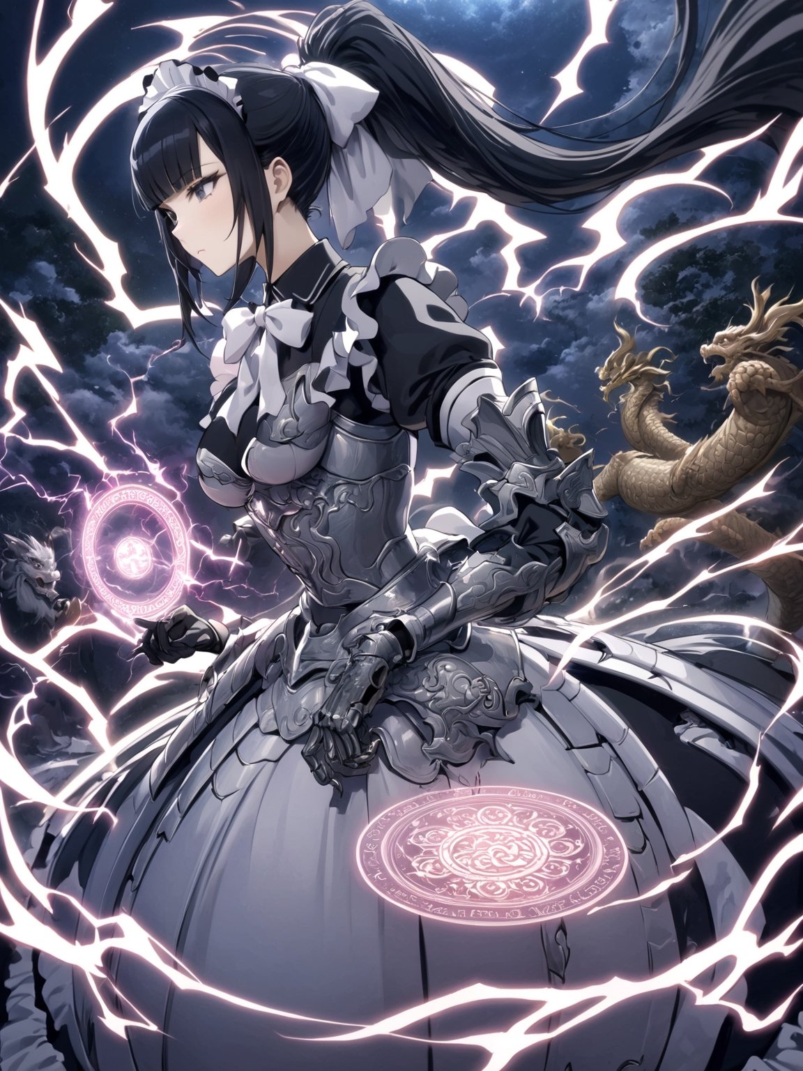 //Quality,
masterpiece, best quality, detailed
,//Character,
,narberal gamma \(overlord\), 1girl, solo, long hair, black hair, glay eyes, bangs, ponytail, medium breats
,//Fashion,
ribbon, bow, maid, dress, armor, gloves
,//Background,
night_sky, flying
,//Others,
magic chanting, magic circle, electric magic, lightning, oriental dragon