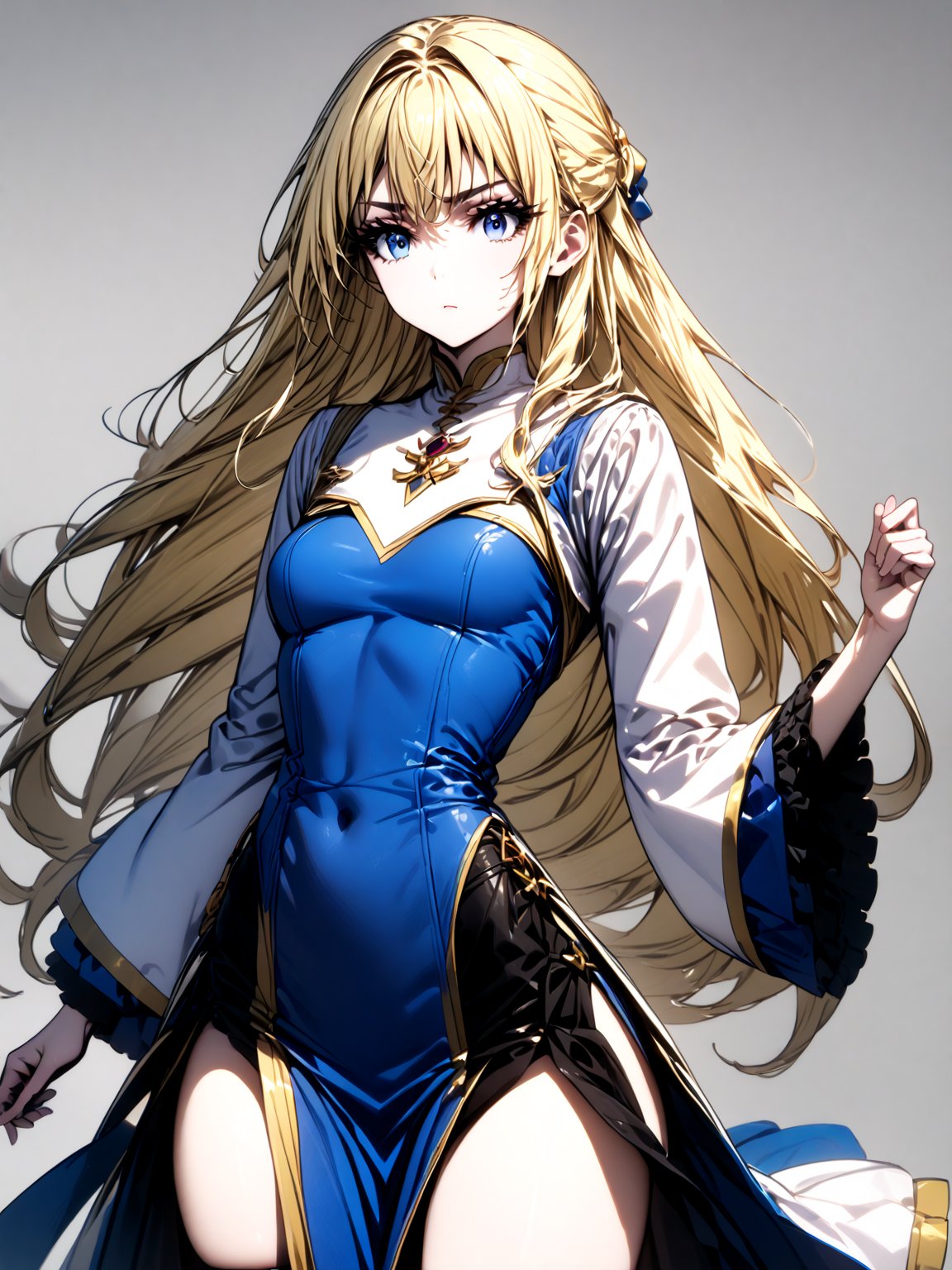 best quality, 8k, 8k UHD, ultra-high resolution, ultra-high definition, highres
,//Character, 
1girl, solo
,//Fashion, 
,//Background, 
,//Others, ,Expressiveh, 
priestess, long hair, blonde hair, blue eyes, dress,
A female martial artist demonstrating a complex kata, her gi in motion