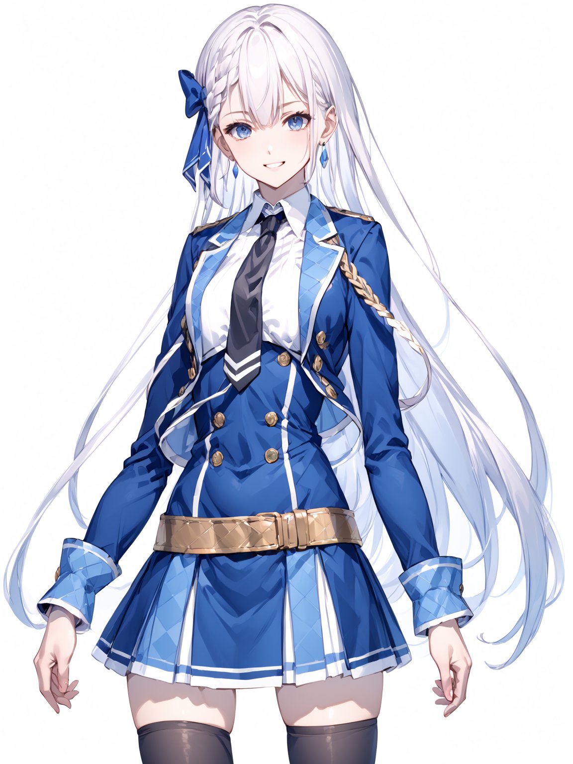 score_9,score_8_up,score_7_up,score_6_up, masterpiece, best quality
,//Character, 
1girl, solo,RiseliaRayCrystalia, very long hair, white hair, braid, blue eyes, medium breasts
,//Fashion, 
earrings, hair bow, long sleeves, white shirt, collared shirt, black necktie, blue jacket, blue skirt, pleated skirt, black thighhighs, belt
,//Background, white_background
,//Others,
making a V sign, smile,Expressiveh