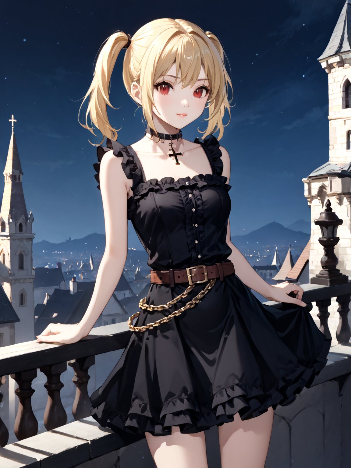 masterpiece, best quality, highres
,//Character, 
1girl, solo,AmaneMisa, twintails, blonde hair, red eyes, sidelocks
,//Fashion, 
black dress, sleeveless, bare shoulders, collarbone, choker, skirt, frills, belt, black pantyhose, cross
,//Background, 
,//Others, ,Expressiveh, 
A twin-tailed assassin girl perched on a rooftop, observing a medieval fantasy city at night.