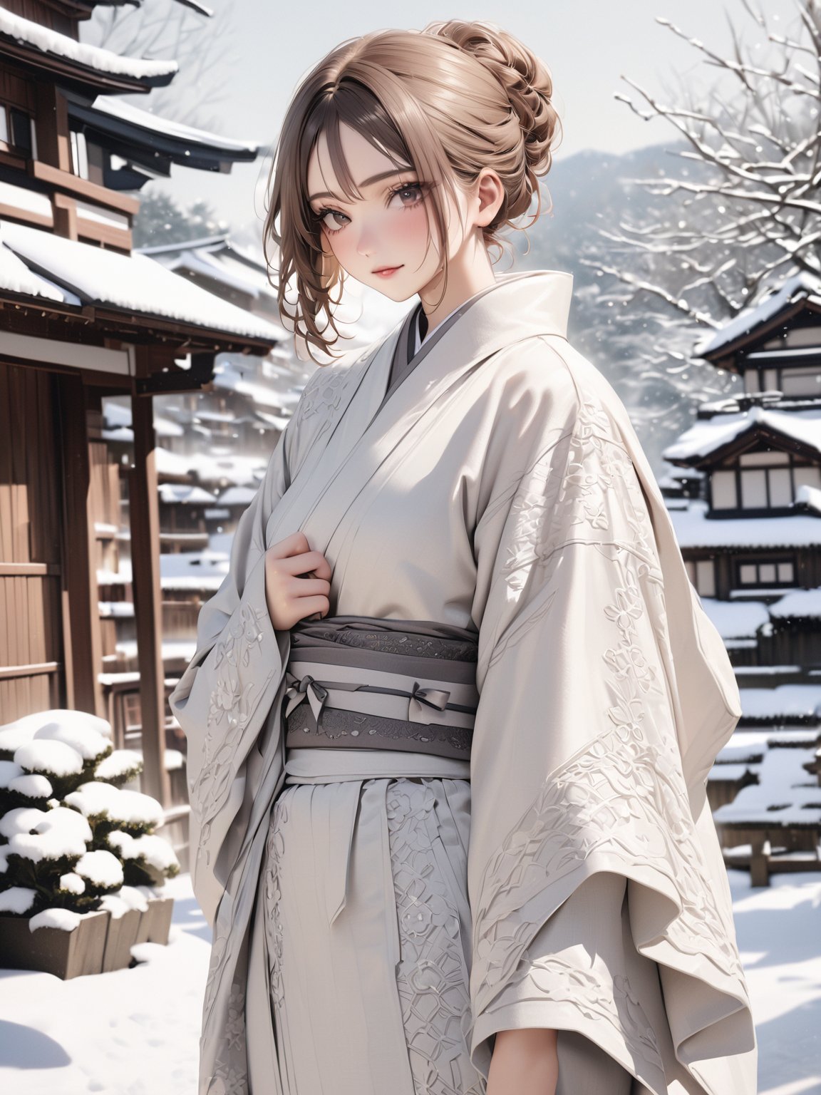 //Quality,
photo r3al, detailmaster2, masterpiece, photorealistic, 8k, 8k UHD, best quality, ultra realistic, ultra detailed, hyperdetailed photography, real photo
,//Character,
1girl, solo, cowboy_shot, looking_at_viewer
,//Fashion,
kimono
,//Background,
Kyoto, outdoors, winter, snow
,//Others,
goodbye