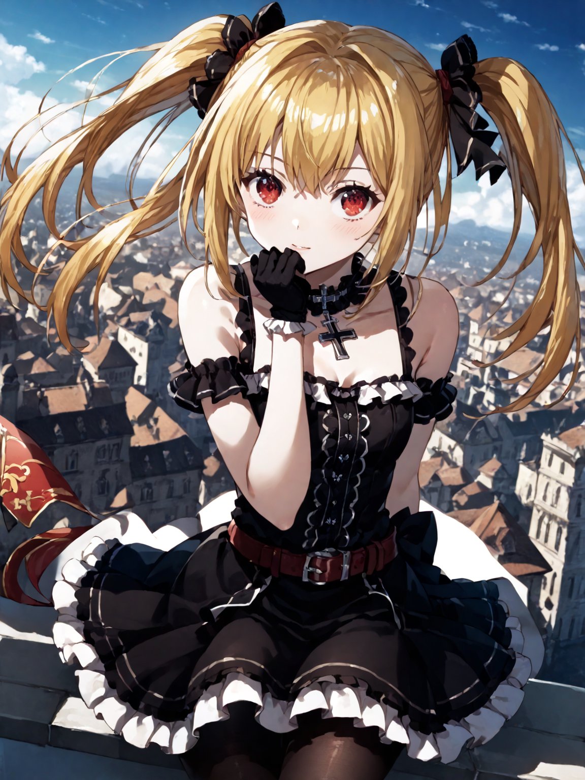 masterpiece, best quality, highres
,//Character, 
1girl, solo,AmaneMisa, twintails, blonde hair, red eyes, sidelocks
,//Fashion, 
black dress, sleeveless, bare shoulders, collarbone, choker, skirt, frills, belt, black pantyhose, cross
,//Background, 
,//Others, ,Expressiveh, 
A twin-tailed assassin girl perched on a rooftop, observing a medieval fantasy city at night.