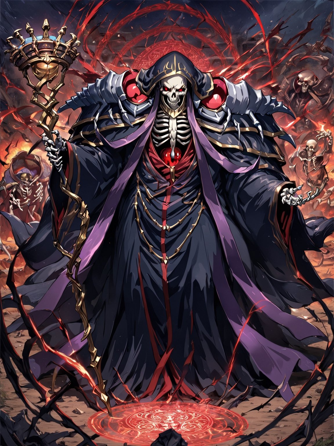 //Quality,
masterpiece, best quality, detailed
,//Character,
,ainz ooal gown \(overlord\), 1boy, solo, red eyes, skull, skeleton, glowing
,//Fashion,
hood, shoulder armor, robe, staff
,//Background,
battle field
,//Others,
magic chant, magic circle, open mouth, smile, look up