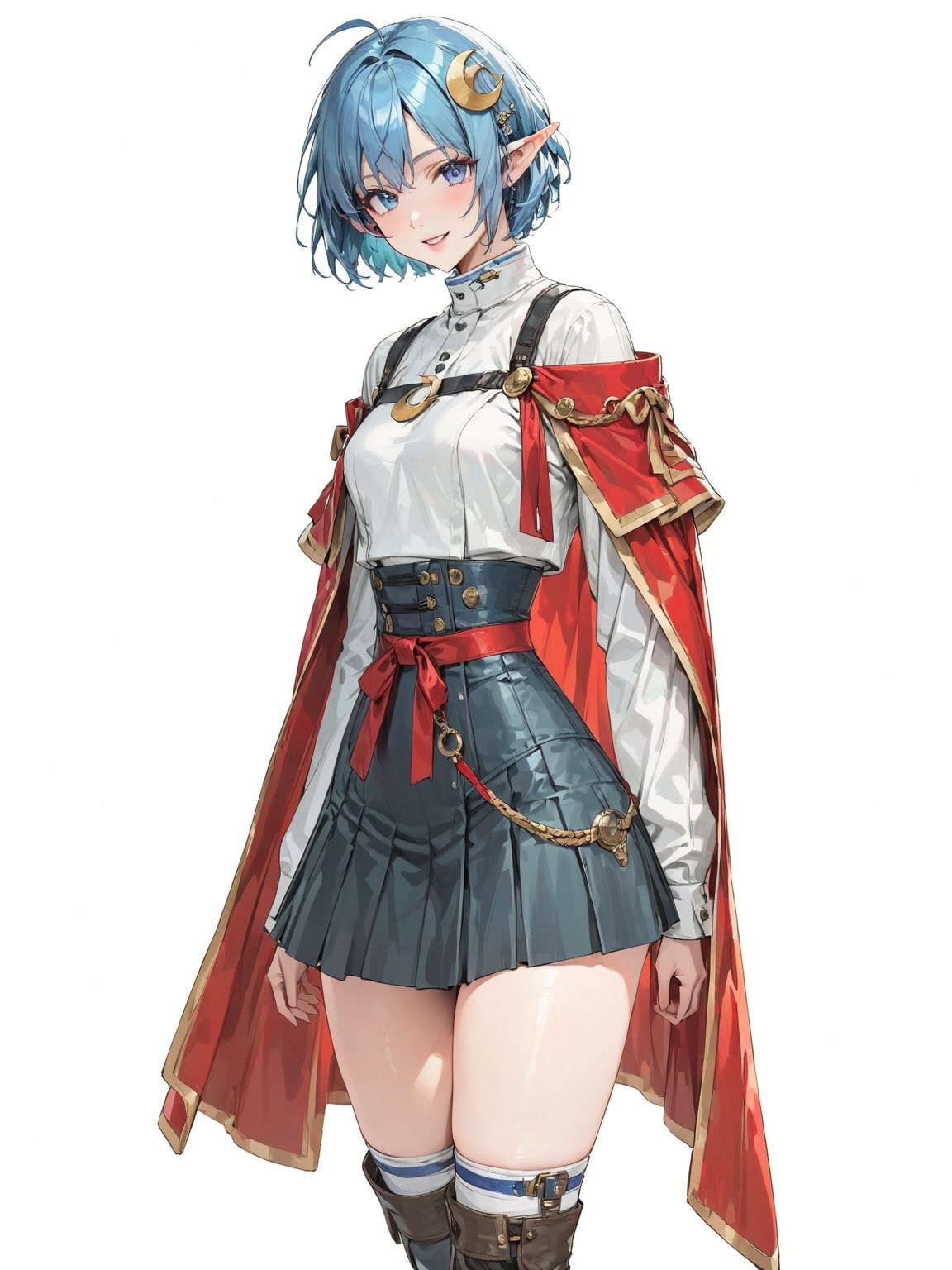 //Quality, masterpiece, best quality, detailmaster2, 8k, 8k UHD, ultra detailed, ultra-high resolution, ultra-high definition, highres, 
//Character, 1girl, solo, blue eyes, short hair, blue hair, pointy ears, ahoge,
//Fashion, red cape, skirt, thighhighs, crescent hair ornament,
//Background, white background, 
//Others, looking at viewer, smile, from_side