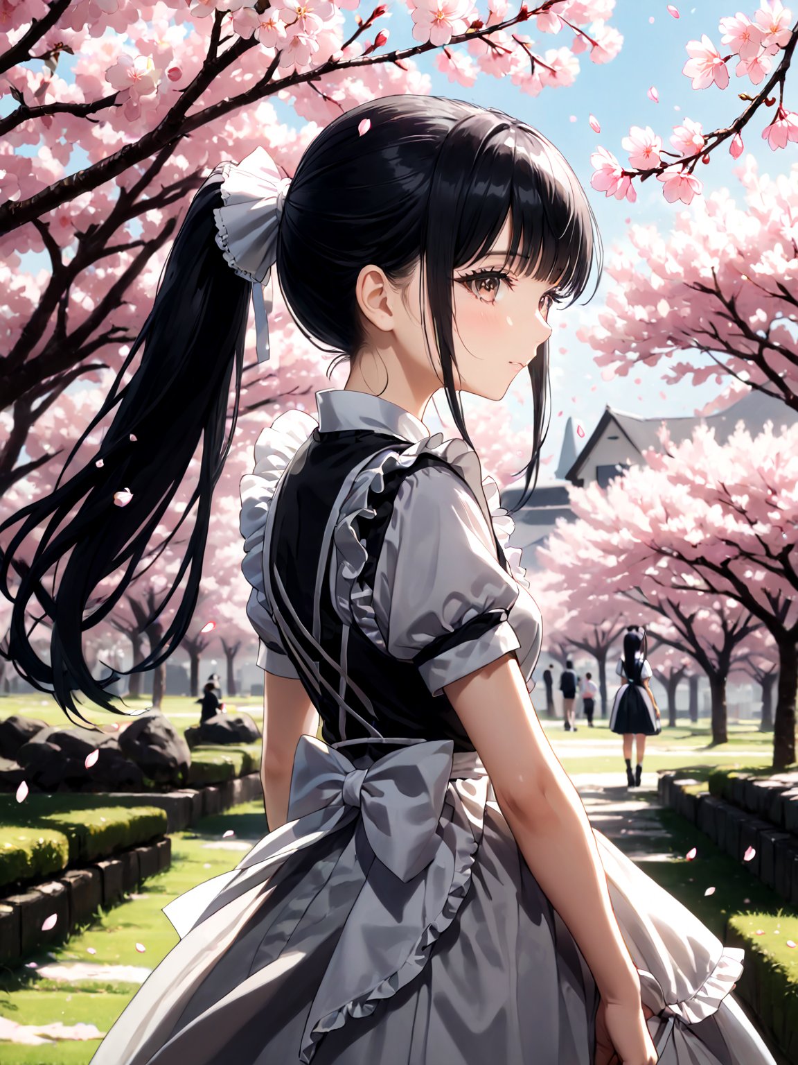 score_9,score_8_up,score_7_up,score_6_up, masterpiece, best quality, highres
,//Character, 
1girl,narberal gamma \(overlord\), long hair, black hair, glay eyes, bangs, ponytail, medium breats
,//Fashion, 
maid
,//Background, 
,//Others, ,Expressiveh, 
A shy schoolgirl peeking from behind a cherry blossom tree, soft petals falling around her.