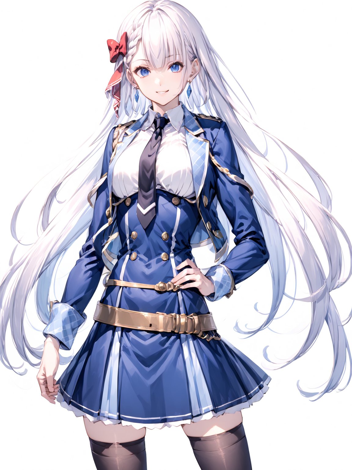 score_9,score_8_up,score_7_up,score_6_up, masterpiece, best quality
,//Character, 
1girl, solo,RiseliaRayCrystalia, very long hair, white hair, braid, blue eyes, medium breasts
,//Fashion, 
earrings, red hair bow, long sleeves, white shirt, collared shirt, black necktie, blue jacket, blue skirt, pleated skirt, black thighhighs, belt
,//Background, white_background
,//Others,
(making a V sign), smile