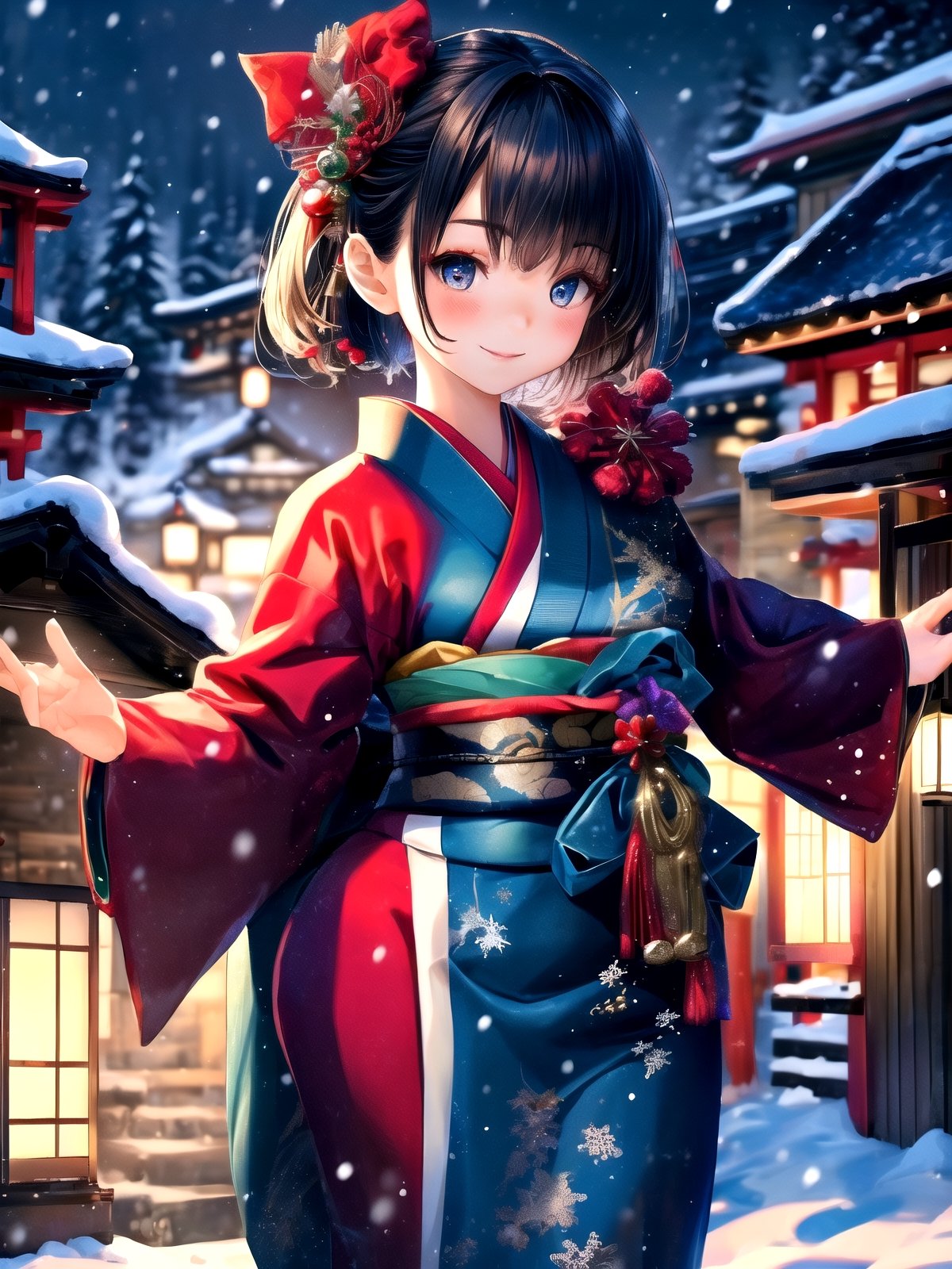 Warm lighting, beautiful Japanese girl, detailed face, shy smile, dark eyes, short bobbed hair, gorgeous hair ornament, details (dark blue silk brocade kimono), Kyoto, outdoors, winter, snow, full-length portrait, realistic ,Japanese girl, Santa Claus, Christmas, young girl, background slightly blurred,