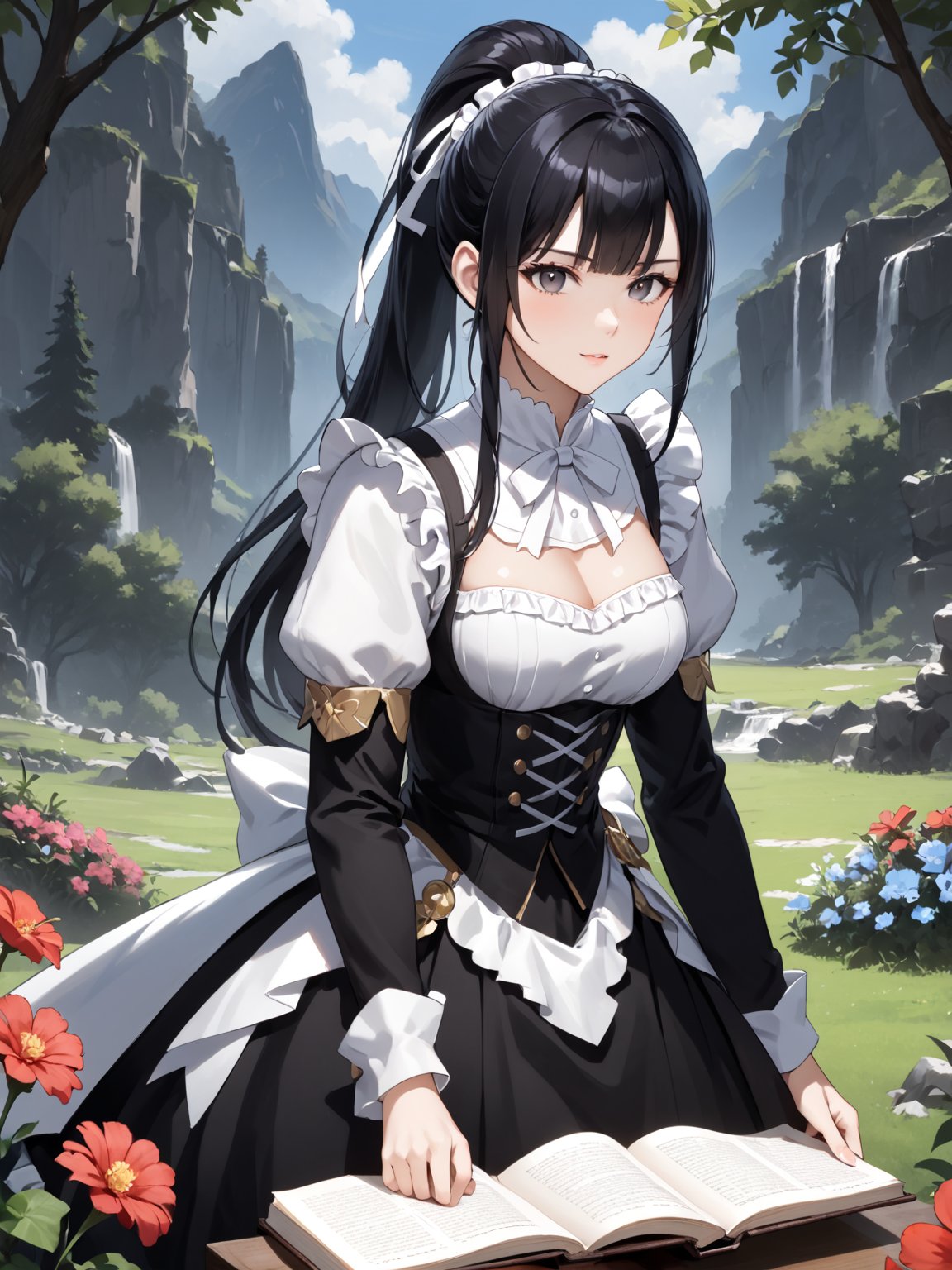 score_9,score_8_up,score_7_up,score_6_up, masterpiece, best quality, highres
,//Character, 
1girl,narberal gamma \(overlord\), long hair, black hair, glay eyes, bangs, ponytail, medium breats
,//Fashion, 
maid
,//Background, 
,//Others, ,Expressiveh, 
A tiny girl sitting on a massive book, using a blade of grass as a slide to reach the ground filled with oversized flowers.