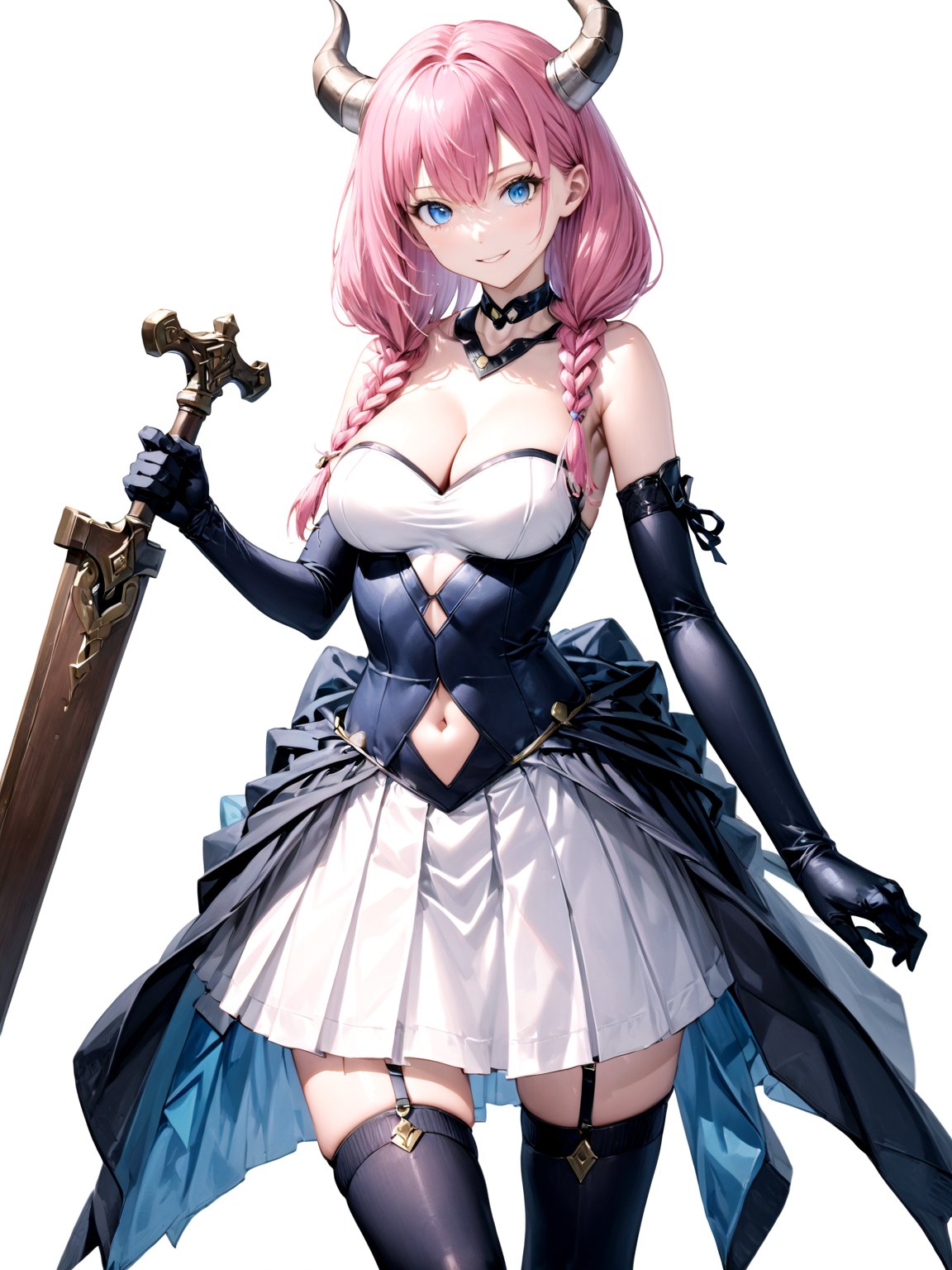 score_9,score_8_up,score_7_up,score_6_up, masterpiece, best quality
,//Character, 
1girl, solo,aura the guillotine \(frieren\)aura the guillotine \(frieren\), 1girl, blue eyes, long hair, braid, horns, medium breasts, pink hair
,//Fashion, 
jewelry, cleavage, navel cutout, bare shoulders, elbow gloves, pleated skirt, thighhighs
,//Background, white_background
,//Others,
evil smiling, holding_weapon 