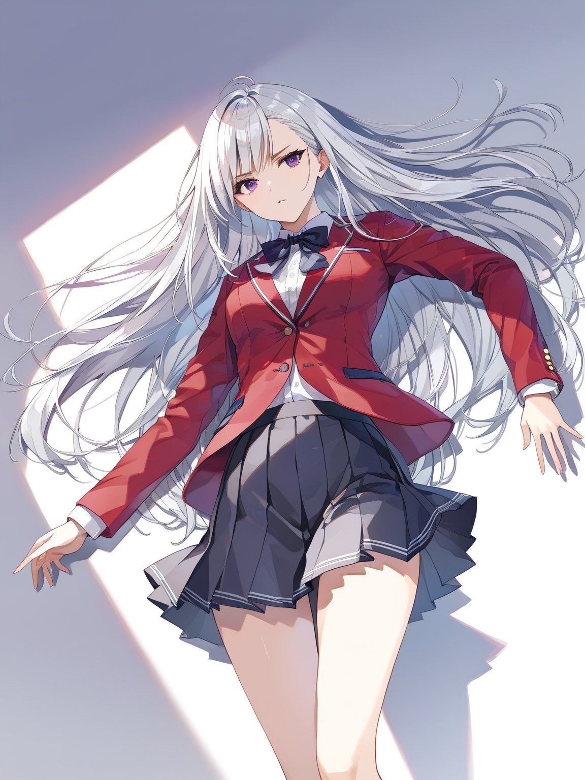 //Character, solo, 1girl, white hair, purple eyes,
//Fashion, school uniform, red jacket, pleated skirt,
//Background, simple background, 
//Quality, (masterpiece), best quality, ultra-high resolution, ultra-high definition, highres, intricate, intricate details, absurdres, highly detailed, finely detailed, ultra-detailed, ultra-high texture quality, natural lighting, natural shadow, dramatic shading, dramatic lighting, vivid colour, perfect anatomy, 
//Others, 