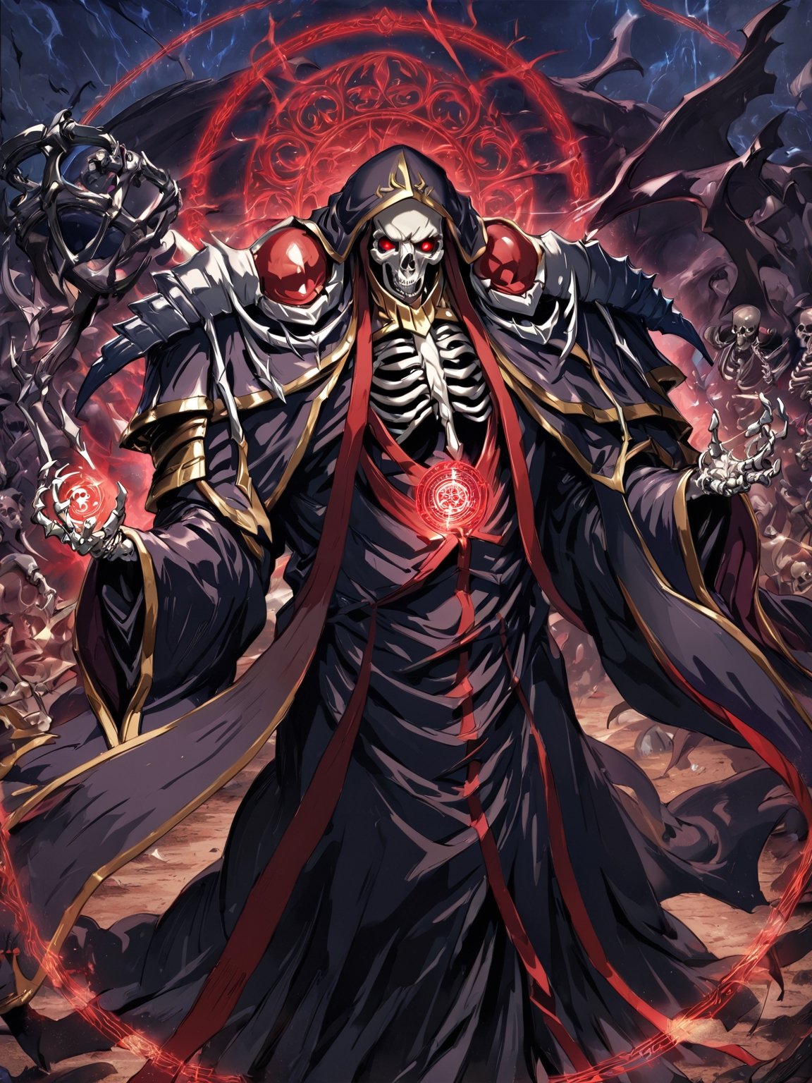 //Quality,
masterpiece, best quality, detailed
,//Character,
,ainz ooal gown \(overlord\), 1boy, solo, red eyes, skull, skeleton, glowing
,//Fashion,
hood, shoulder armor, robe
,//Background,
battle field
,//Others,
magic chant, magic circle, hands up