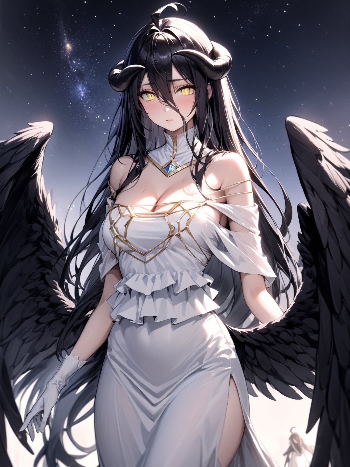 //Quality,
masterpiece, best quality, detailed
,//Character,
1girl, solo
,//Fashion,
,//Background,
star_(sky)
,//Others,
,albedo \(overlord\), 1girl, long hair, black hair, hair between eyes, yellow eyes, horns, ahoge, white gloves, white dress, bare shoulders, detached collar, cleavage, slit pupils, black wings, feathered wings, low wings