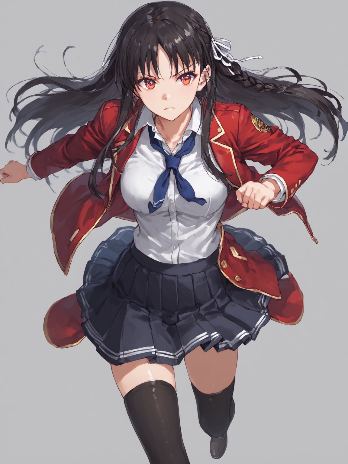 score_9,score_8_up,score_7_up,score_6_up, masterpiece, best quality, 8k, 8k UHD, ultra-high resolution, ultra-high definition, highres
,//Character, 
1girl, solo, long hair, black hair, shiny hair, red eyes, bangs, braid
,//Fashion, 
school uniform, red jacket, hair ribbon, white shirt, pleated skirt, thighhighs
,//Background, white_background
,//Others, ,Expressiveh,
fighting stance, dynamic pose,suzune horikita