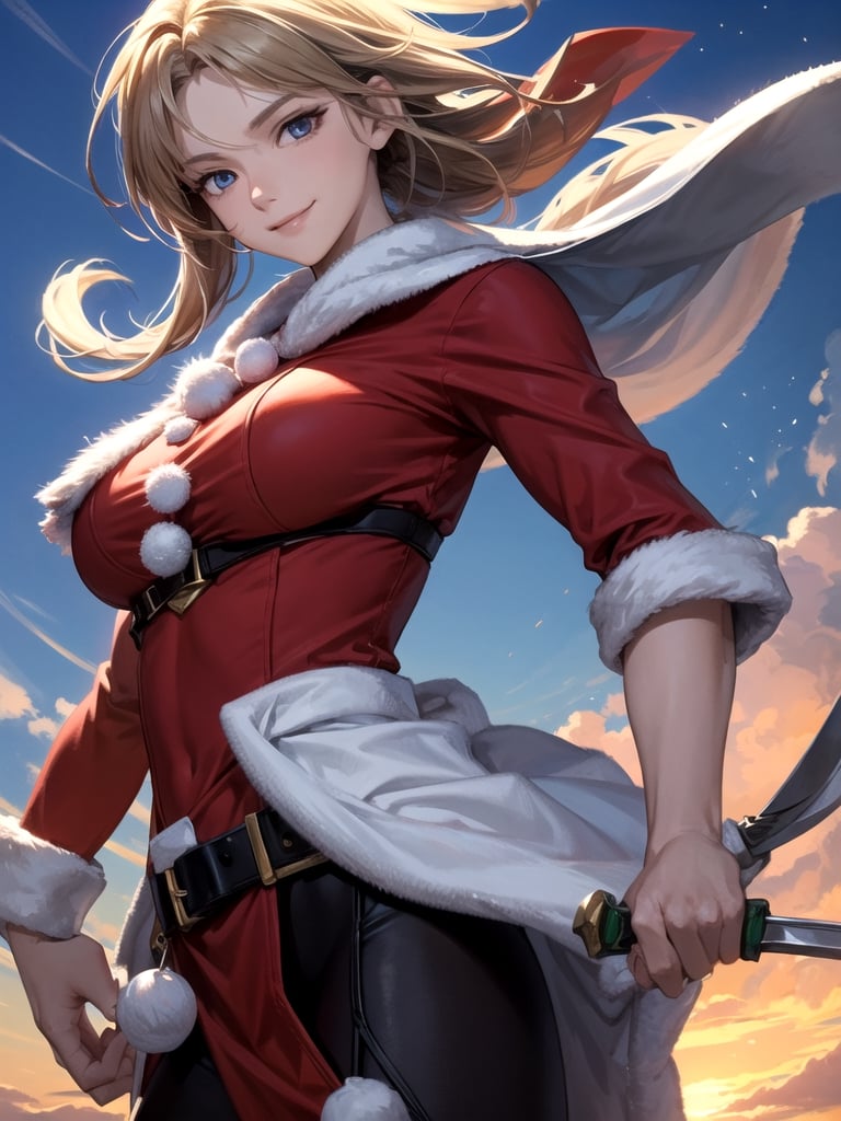 (masterpiece), (best quality), 8k illustration,
//Character,
santa, gentle smile, aura, Invincible, 
//Fashion,
santa_costume,
//Background,
Beautiful blue sky, calm sunshine, battlefield, Unlimited Blade Works