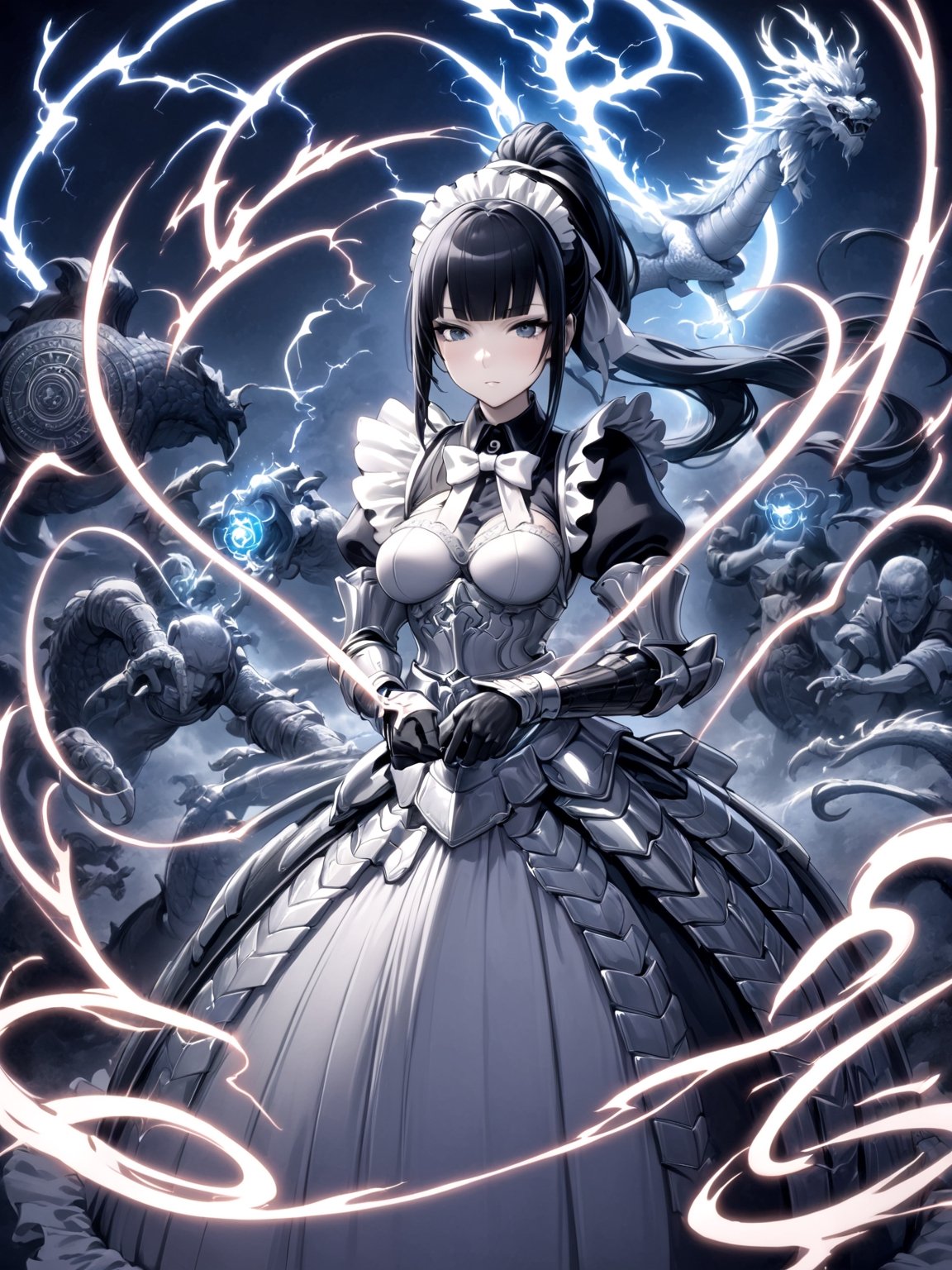 //Quality,
masterpiece, best quality, detailed
,//Character,
,narberal gamma \(overlord\), 1girl, solo, long hair, black hair, glay eyes, bangs, ponytail, medium breats
,//Fashion,
ribbon, bow, maid, dress, armor, gloves
,//Background,
night_sky, flying
,//Others,
magic chanting, magic circle, electric magic, lightning, oriental dragon