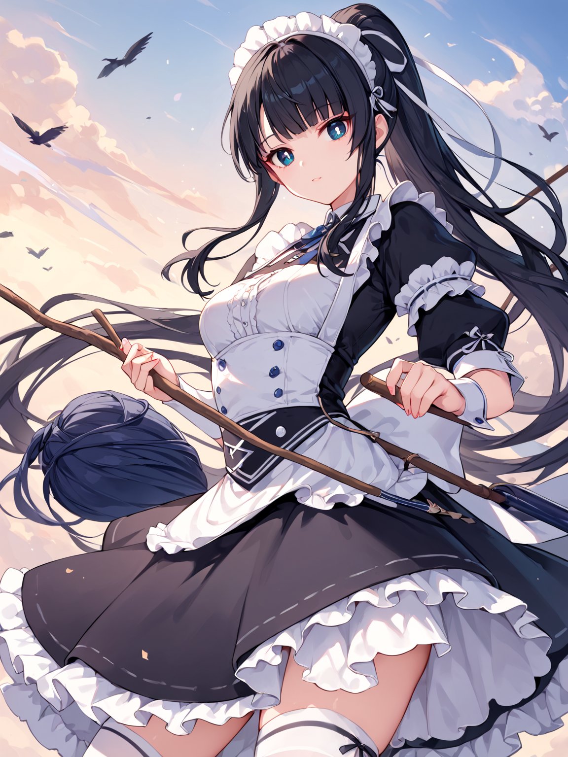 score_9,score_8_up,score_7_up,score_6_up, masterpiece, best quality, highres
,//Character, 
1girl,narberal gamma \(overlord\), long hair, black hair, glay eyes, bangs, ponytail, medium breats
,//Fashion, 
maid
,//Background, 
,//Others, ,Expressiveh, 
A girl riding a giant pencil like a witch's broomstick, soaring through a sky filled with floating mathematical equations.