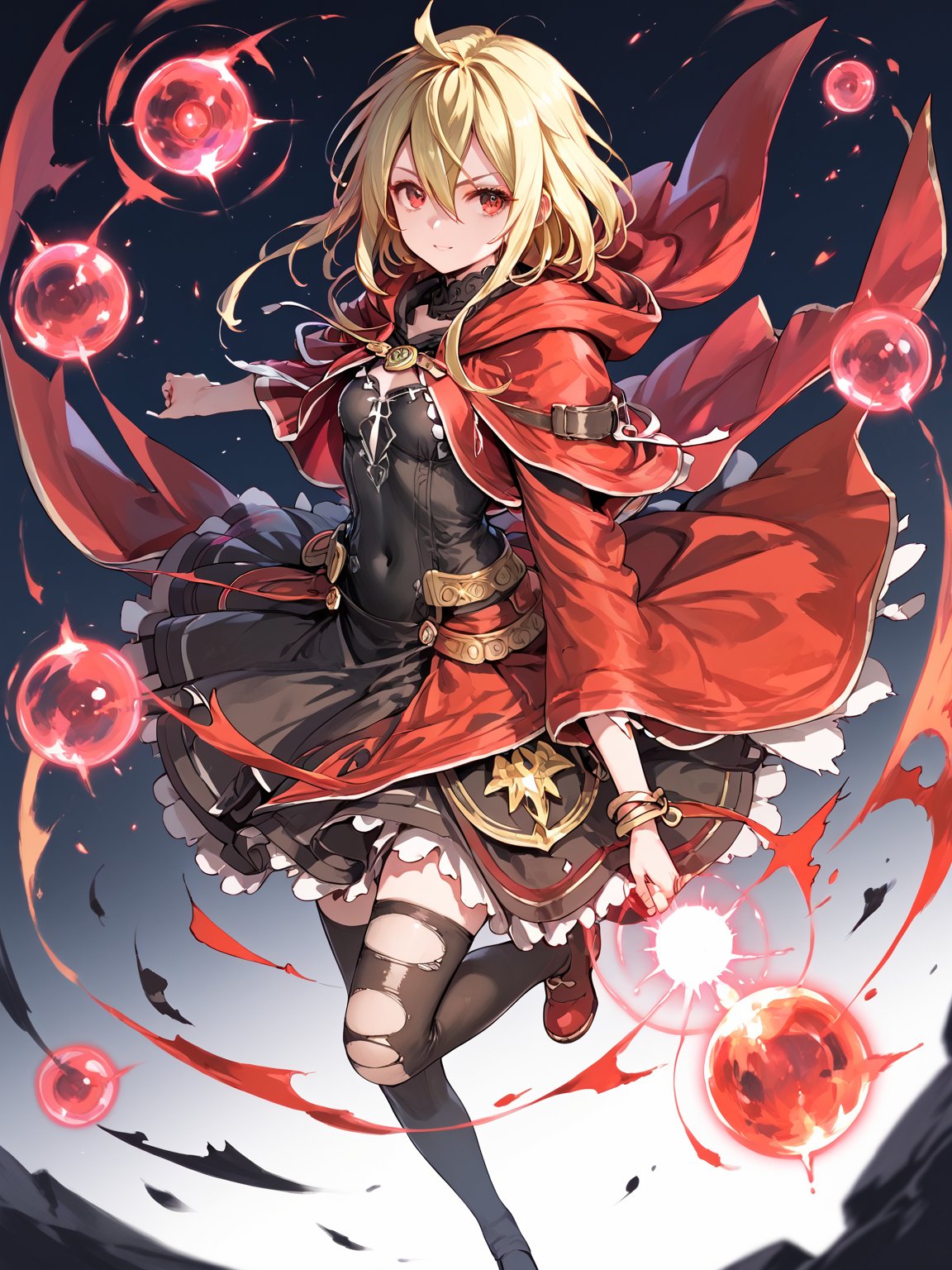 score_9,score_8_up,score_7_up,score_6_up, masterpiece, best quality, 8k, 8k UHD, ultra-high resolution, ultra-high definition, highres
,//Character, 
1girl, solo,Evileye \(overlord\), blonde hair, red eyes, hair between eyes, small breasts
,//Fashion, 
hood, black dress, torn clothes, covered navel, red cloak, hooded cloak, black thighhighs, torn thighhighs, 
hood up
,//Background, white_background
,//Others, ,Expressiveh,
dynamic pose, energy ball charging