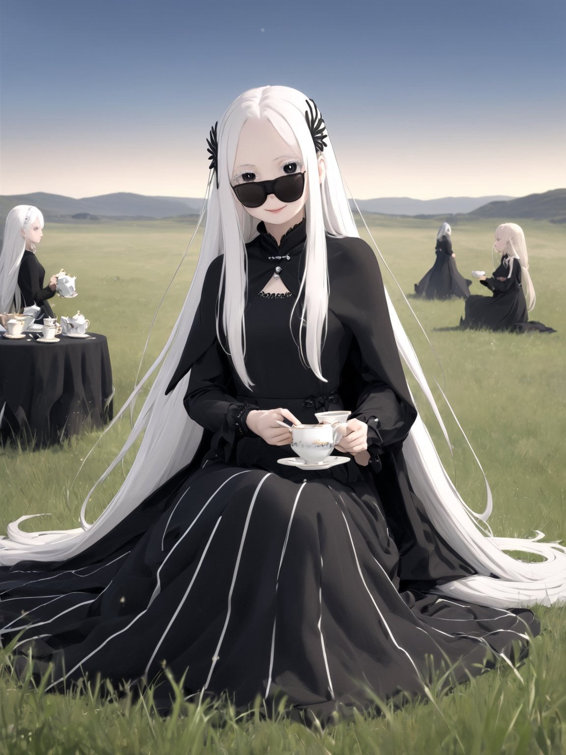 //Quality,
masterpiece, best quality, detailed
,//Character,
solo,echidna_rezero, 1girl, very long hair, white hair, black eyes, colored eyelashes
,//Fashion,
long sleeves, striped, black dress, long dress, hair ornament, black capelet
,//Background,
grassland, tea time
,//Others,
smile