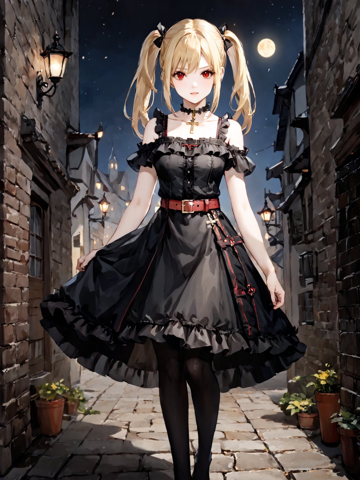 masterpiece, best quality, highres
,//Character, 
1girl, solo,AmaneMisa, twintails, blonde hair, red eyes, sidelocks
,//Fashion, 
black dress, sleeveless, bare shoulders, collarbone, choker, skirt, frills, belt, black pantyhose, cross
,//Background, 
,//Others, ,Expressiveh, 
A twin-tailed assassin girl perched on a rooftop, observing a medieval fantasy city at night.