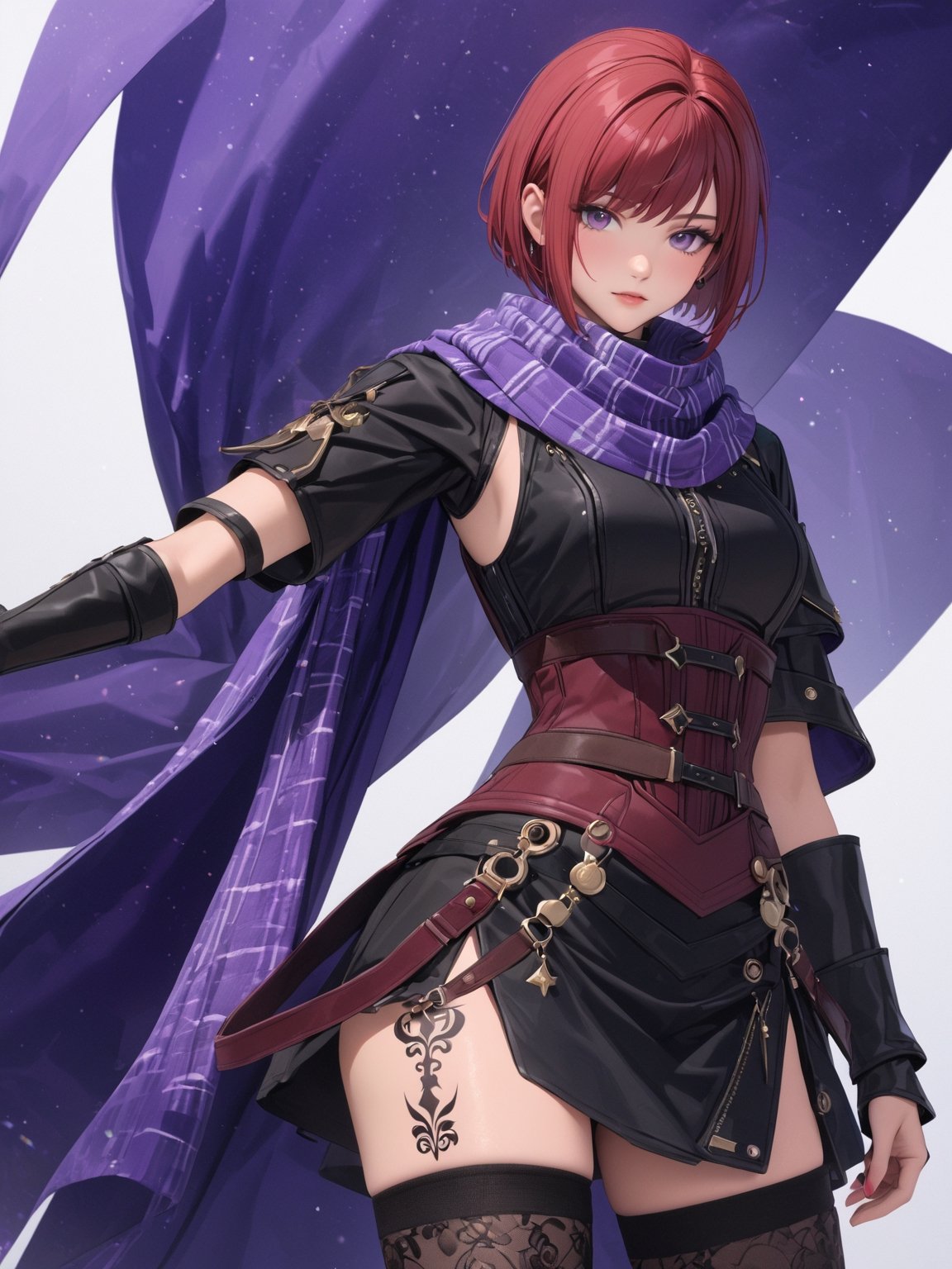 //Quality, masterpiece, best quality, detailmaster2, 8k, 8k UHD, ultra detailed, ultra-high resolution, ultra-high definition, highres, 
//Character, 1girl, solo, NelZelpher_SO3, purple eyes, short hair, red hair, tattoo,
//Fashion, black thighhighs, scarf, 
//Background, white background, 
//Others, 