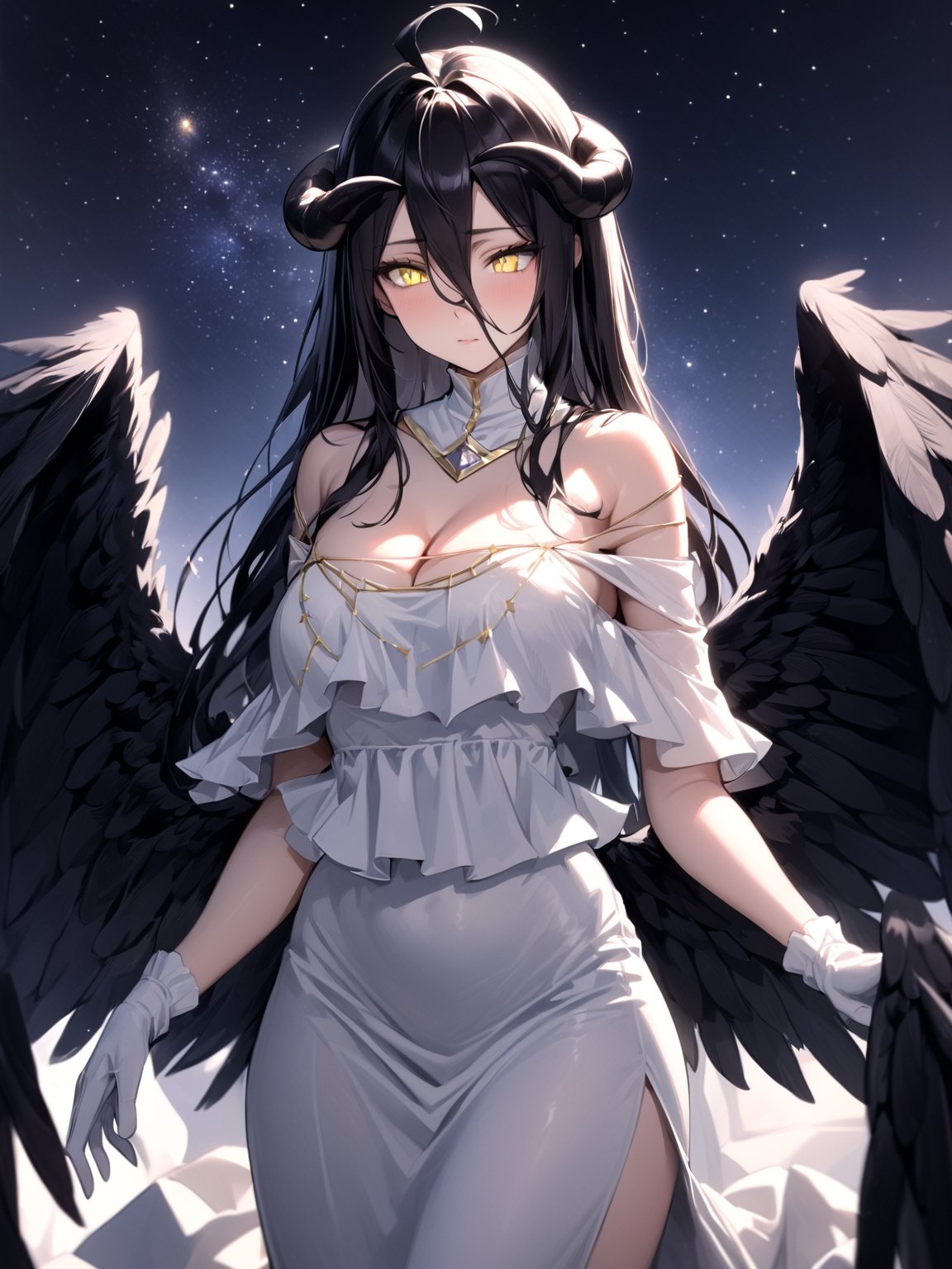 //Quality,
masterpiece, best quality, detailed
,//Character,
1girl, solo
,//Fashion,
,//Background,
star_(sky)
,//Others,
,albedo \(overlord\), 1girl, long hair, black hair, hair between eyes, yellow eyes, horns, ahoge, white gloves, white dress, bare shoulders, detached collar, cleavage, slit pupils, black wings, feathered wings, low wings