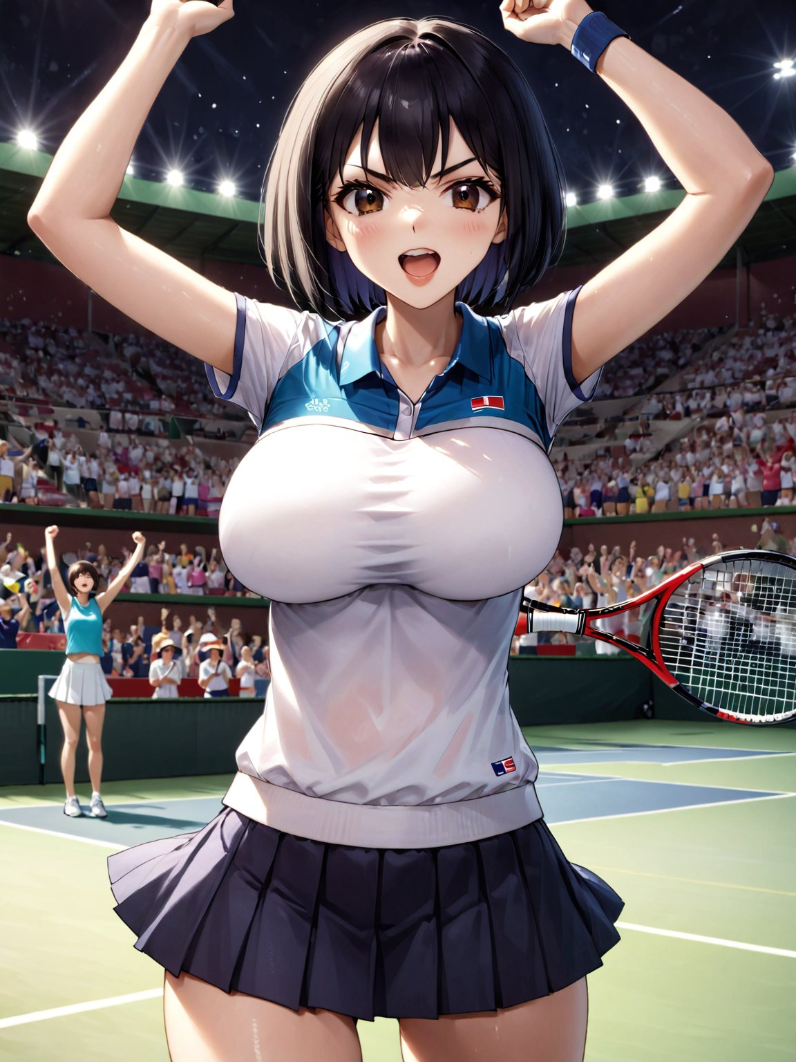 masterpiece, best quality, 8k, 8k UHD, ultra-high resolution, ultra-high definition, highres
,//Character, 
1girl, solo,ShimizuChikako, short hair, bob cut, black hair, black eyes, large breasts
,//Fashion, 
 tennis uniform
,//Background, 
,//Others, ,Expressiveh, 
v-shaped eyebrows, open mouth, sweat, red clay court, 
A young female tennis prodigy celebrating her victory at the Olympics, arms raised in triumph as the crowd cheers.