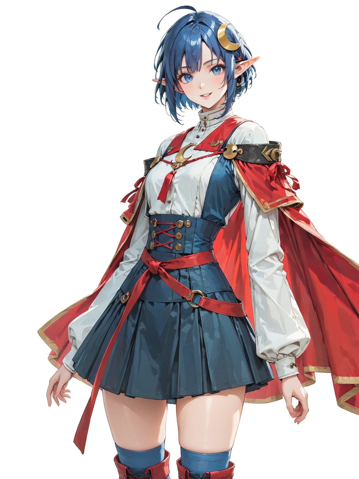 //Quality, masterpiece, best quality, detailmaster2, 8k, 8k UHD, ultra detailed, ultra-high resolution, ultra-high definition, highres, 
//Character, 1girl, solo, blue eyes, short hair, blue hair, pointy ears, ahoge,
//Fashion, red cape, skirt, thighhighs, crescent hair ornament,
//Background, white background, 
//Others, looking at viewer, smile, 