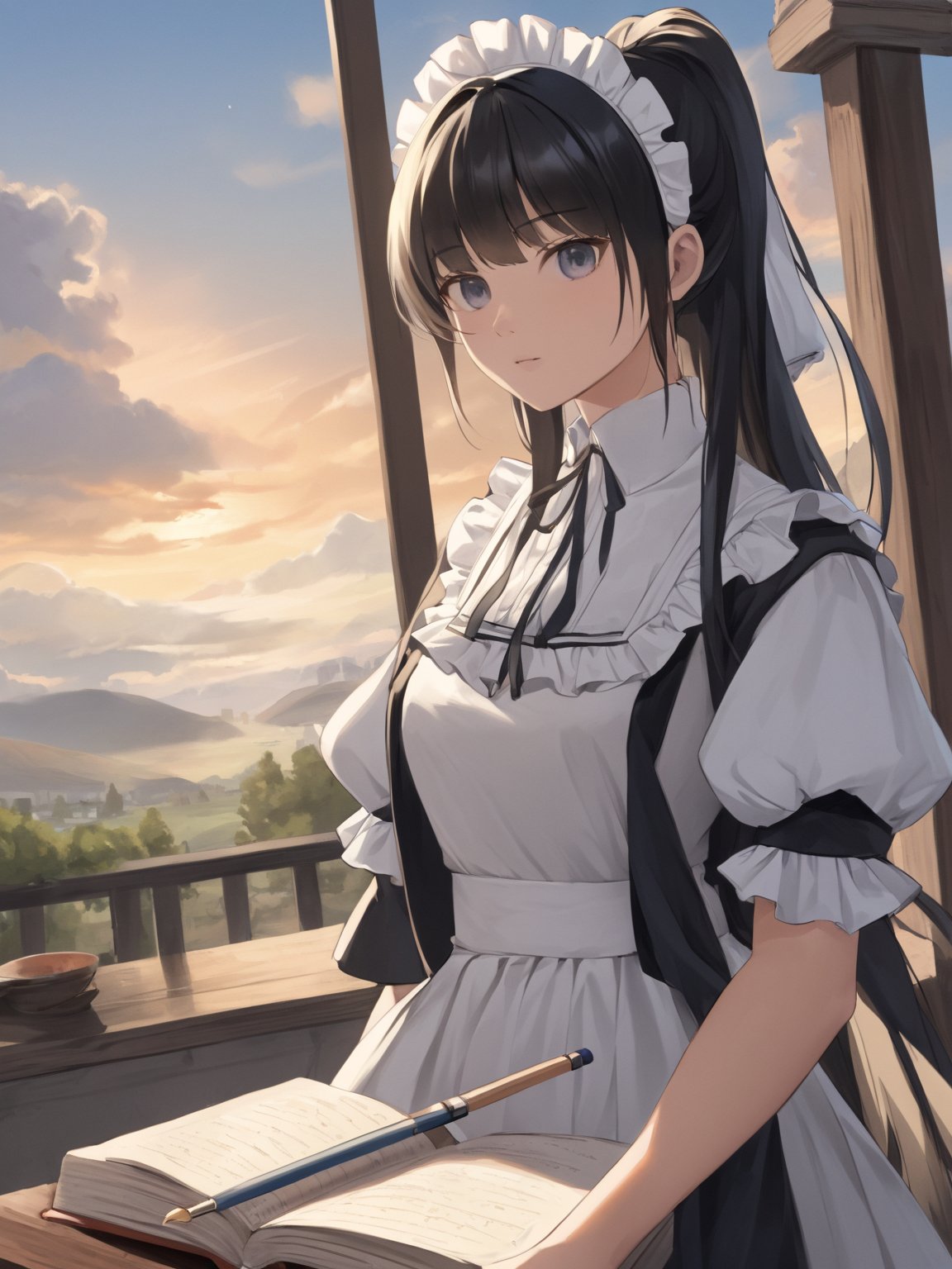 score_9,score_8_up,score_7_up,score_6_up, masterpiece, best quality, highres
,//Character, 
1girl,narberal gamma \(overlord\), long hair, black hair, glay eyes, bangs, ponytail, medium breats
,//Fashion, 
maid
,//Background, 
,//Others, ,Expressiveh, 
A girl riding a giant pencil like a witch's broomstick, soaring through a sky filled with floating mathematical equations.