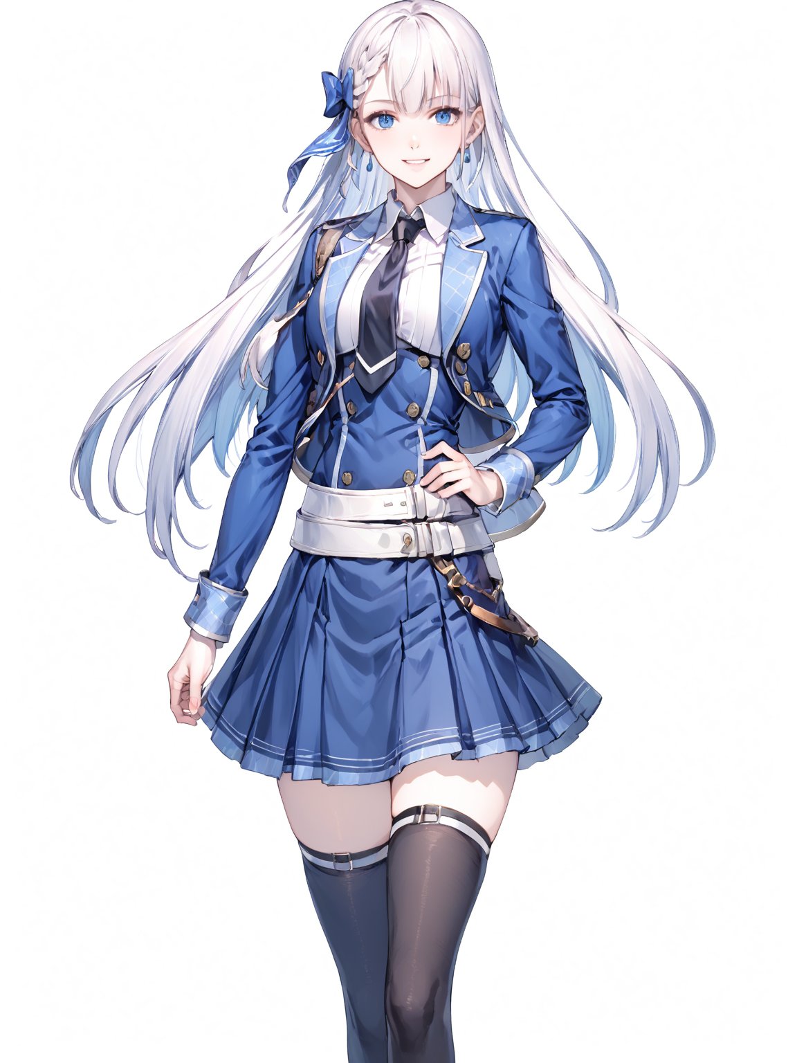 score_9,score_8_up,score_7_up,score_6_up, masterpiece, best quality
,//Character, 
1girl, solo,RiseliaRayCrystalia, very long hair, white hair, braid, blue eyes, medium breasts
,//Fashion, 
earrings, hair bow, long sleeves, white shirt, collared shirt, black necktie, blue jacket, blue skirt, pleated skirt, black thighhighs, belt
,//Background, white_background
,//Others,
v, smile