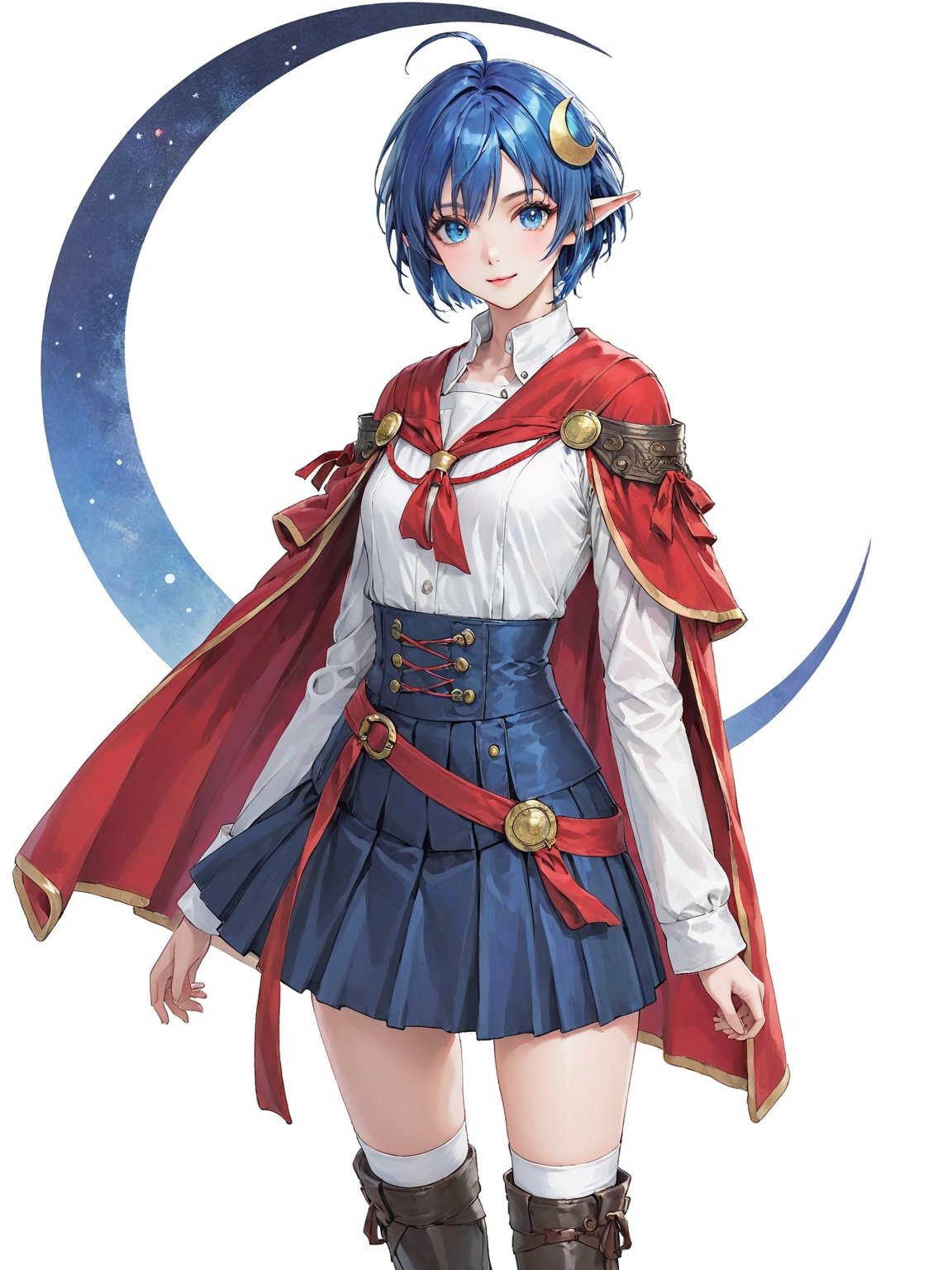 //Quality, masterpiece, best quality, detailmaster2, 8k, 8k UHD, ultra detailed, ultra-high resolution, ultra-high definition, highres, 
//Character, 1girl, solo, blue eyes, short hair, blue hair, pointy ears, ahoge,
//Fashion, red cape, skirt, thighhighs, crescent hair ornament,
//Background, white background, 
//Others, looking at viewer, smile, 