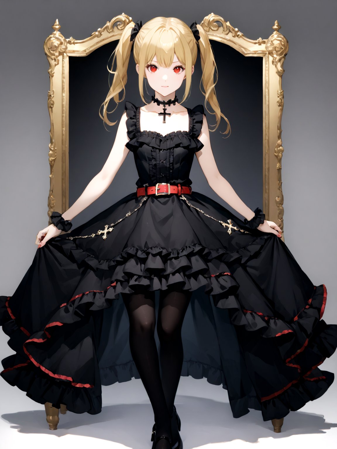 masterpiece, best quality, highres
,//Character, 
1girl, solo,AmaneMisa, twintails, blonde hair, red eyes, sidelocks
,//Fashion, 
black dress, sleeveless, bare shoulders, collarbone, choker, skirt, frills, belt, black pantyhose, cross
,//Background, 
,//Others, ,Expressiveh, 
A young girl with heterochromatic eyes, wearing an elaborate gothic lolita dress, standing confidently in a grand throne room.