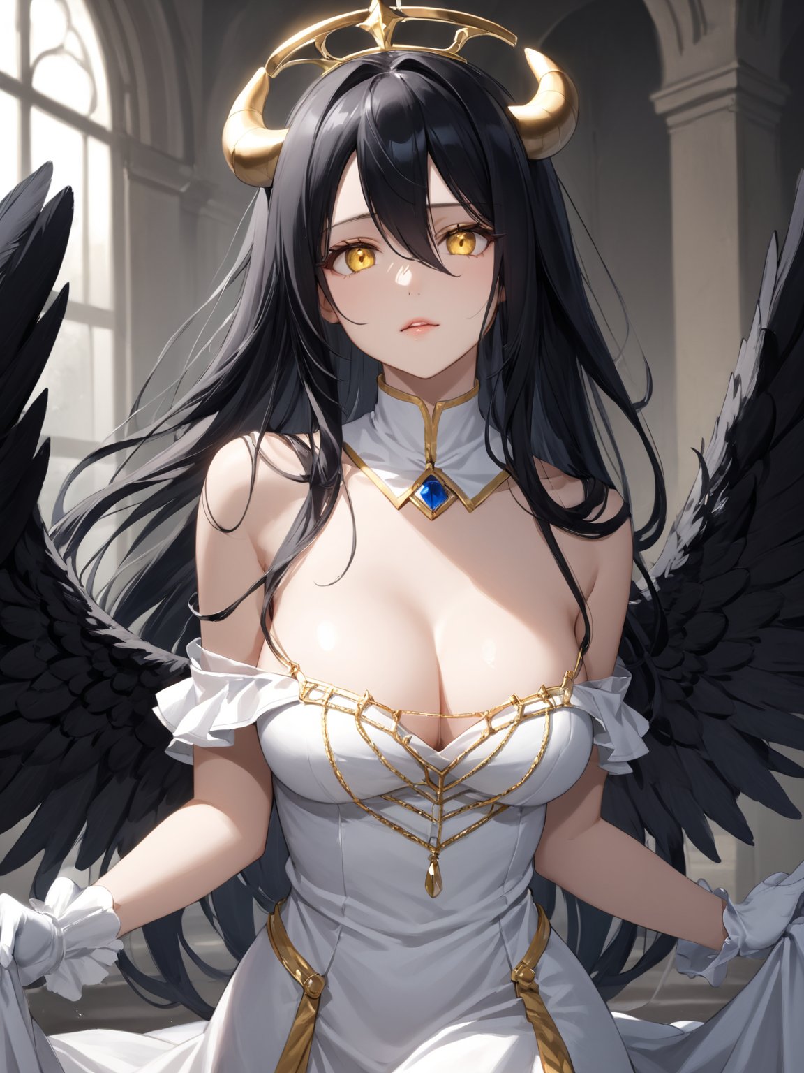 masterpiece, best quality, highres
,//Character, 
1girl, solo,albedo \(overlord\), long hair, black hair, hair between eyes, yellow eyes, horns, ahoge, black wings, feathered wings, low wings
,//Fashion, 
white gloves, white dress, bare shoulders, detached collar, cleavage, slit pupils
,//Background, 
,//Others, ,Expressiveh, 
A young girl with heterochromatic eyes, wearing an elaborate gothic lolita dress, standing confidently in a grand throne room.