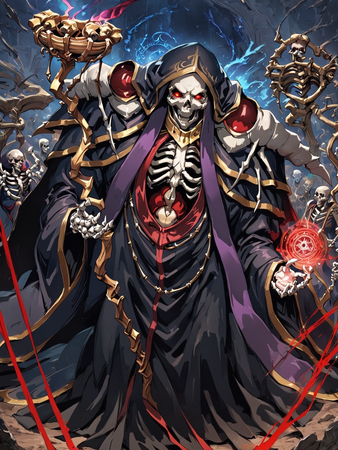 //Quality,
masterpiece, best quality, detailed
,//Character,
,ainz ooal gown \(overlord\), 1boy, solo, red eyes, skull, skeleton, glowing
,//Fashion,
hood, shoulder armor, robe, staff
,//Background,
battle field
,//Others,
magic chant, magic circle, open mouth, smile, (look up)