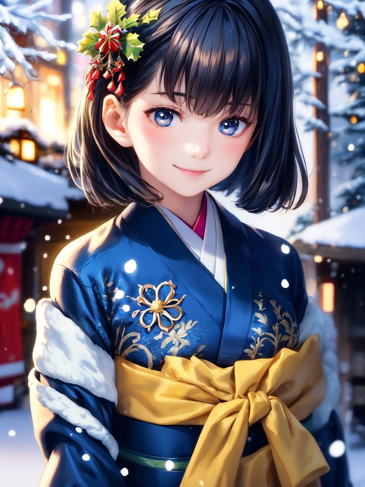 Warm lighting, beautiful Japanese girl, detailed face, shy smile, dark eyes, short bobbed hair, gorgeous hair ornament, details (dark blue silk brocade kimono), Kyoto, outdoors, winter, snow, full-length portrait, realistic ,Japanese girl, Santa Claus, Christmas, young girl, background slightly blurred,