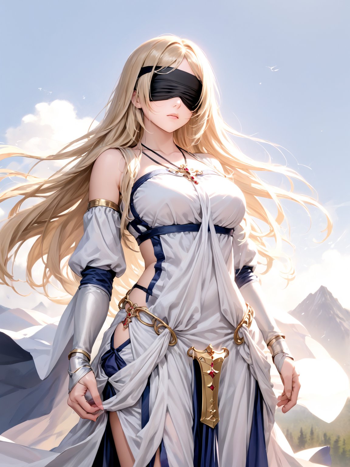 best quality, 8k, 8k UHD, ultra-high resolution, ultra-high definition, highres
,//Character, 
1girl, solo
,//Fashion, 
,//Background, 
,//Others, ,Expressiveh, 
SwordMaiden, long hair, blonde hair, blindfold, dress, 
Exhausted female warrior, torn armor, surrounded by encroaching black slimes, moonlit forest, determined expression