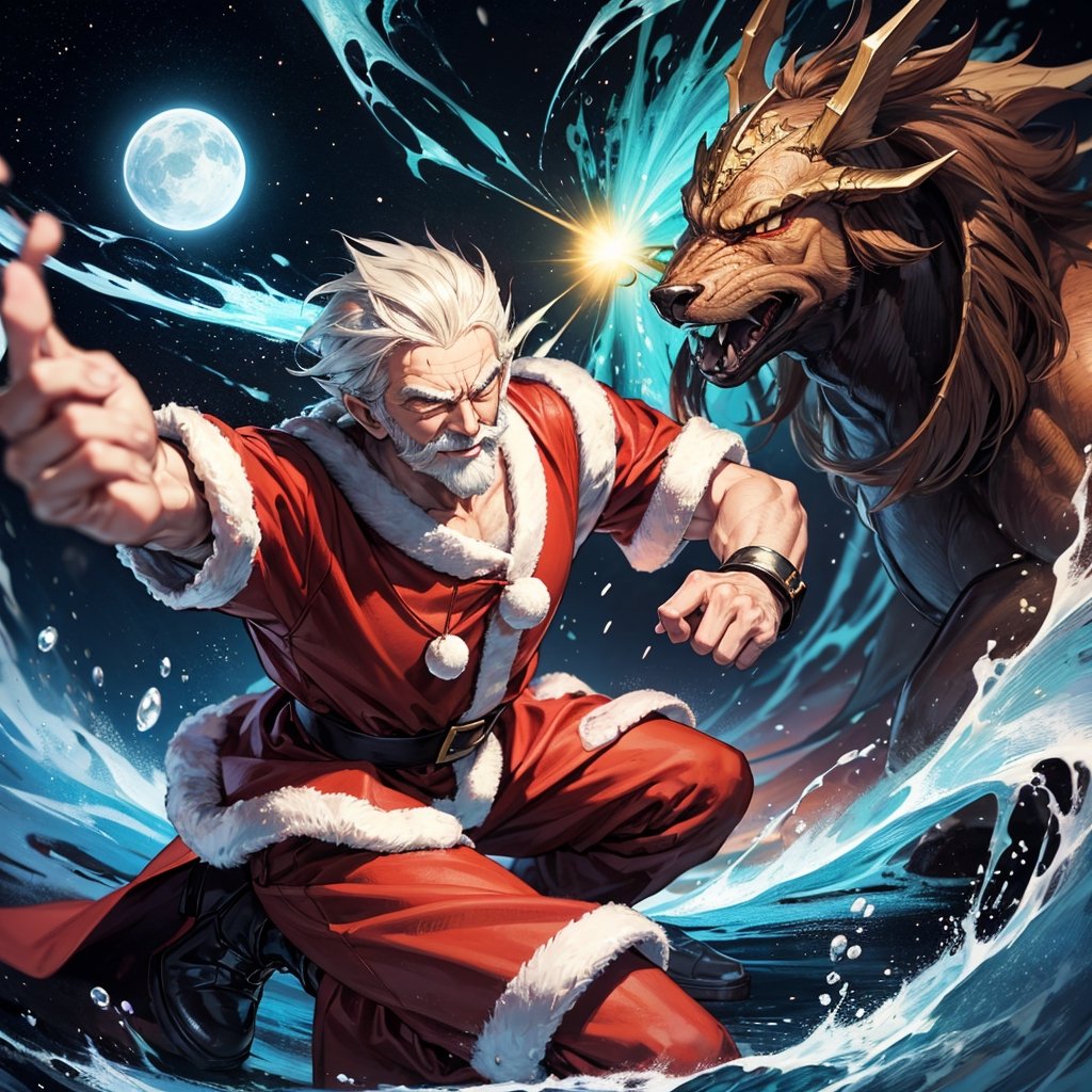 masterpiece, best quality, intricate design, Santa older_male, gentle smile, universe monster, battle, santa's kamehameha ,kamehameha