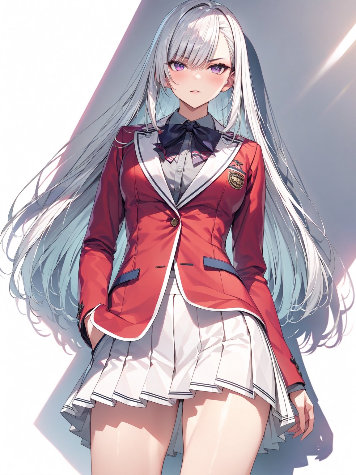 //Character, solo, 1girl, white hair, purple eyes,
//Fashion, school uniform, red jacket, pleated skirt,
//Background, simple background, 
//Quality, (masterpiece), best quality, ultra-high resolution, ultra-high definition, highres, intricate, intricate details, absurdres, highly detailed, finely detailed, ultra-detailed, ultra-high texture quality, natural lighting, natural shadow, dramatic shading, dramatic lighting, vivid colour, perfect anatomy, 
//Others, 