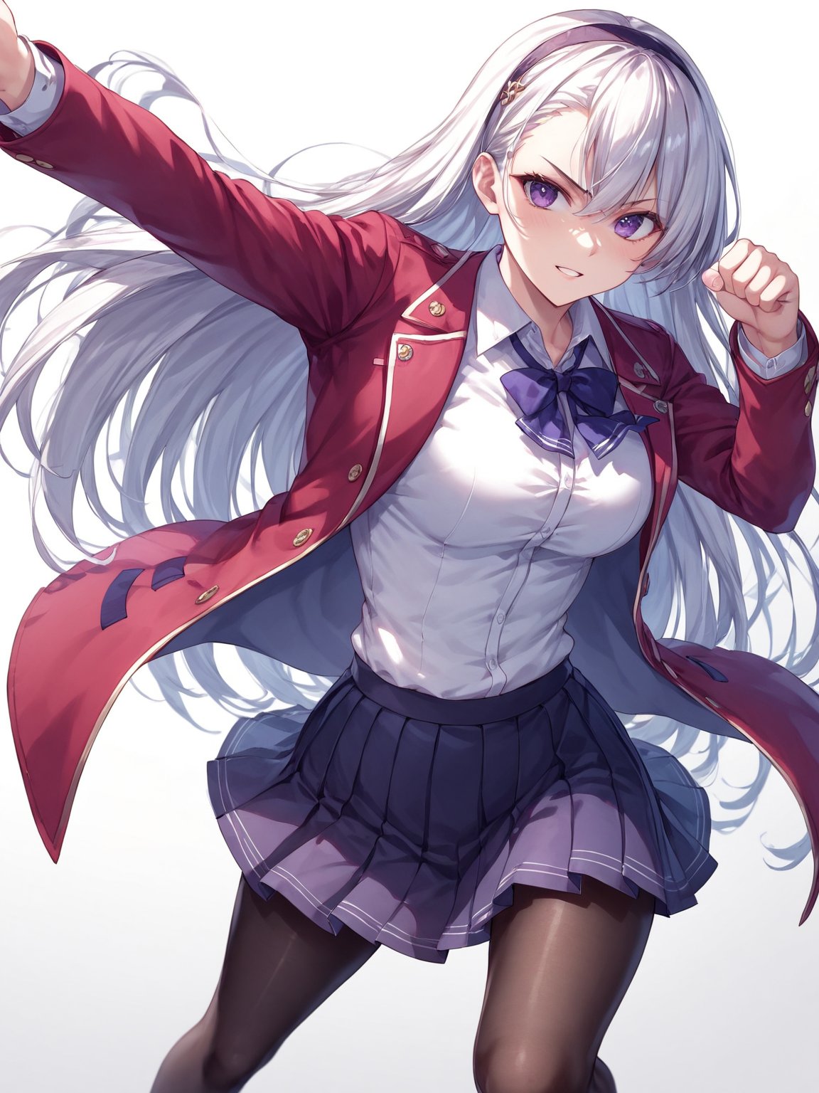 score_9,score_8_up,score_7_up,score_6_up, masterpiece, best quality, 8k, 8k UHD, ultra-high resolution, ultra-high definition, highres
,//Character, 
1girl, solo, long hair, white hair, purple eyes
,//Fashion, 
school uniform, red jacket, pantyhose, pleated skirt, hairband
,//Background, white_background
,//Others, ,Expressiveh,
fighting stance, dynamic pose