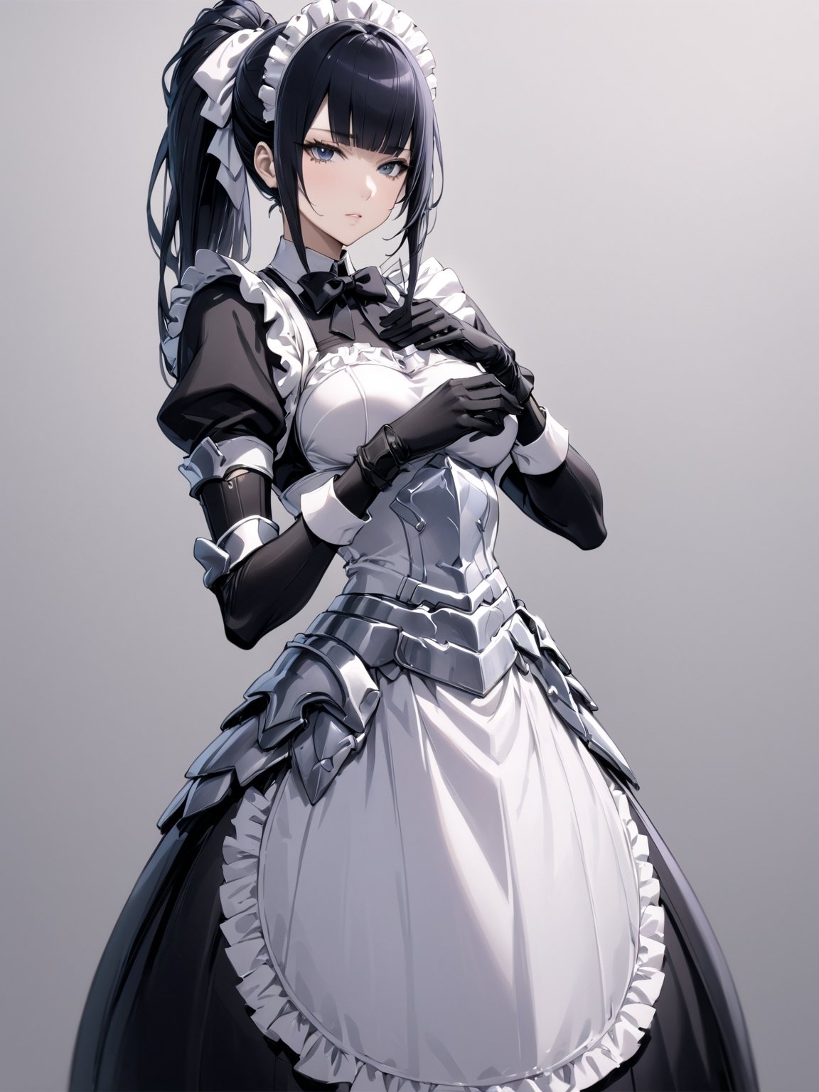 //Character, 1girl, solo,narberal gamma \(overlord\), long hair, black hair, glay eyes, bangs, ponytail, medium breats
//Fashion, ribbon, bow, maid, apron, armored dress, gloves, 
//Background, simple background, 
//Quality, (masterpiece), best quality, ultra-high resolution, ultra-high definition, highres, intricate, intricate details, absurdres, highly detailed, finely detailed, ultra-detailed, ultra-high texture quality, natural lighting, natural shadow, dramatic shading, dramatic lighting, vivid colour, perfect hands, perfect fingers, perfect anatomy, 
//Others, 