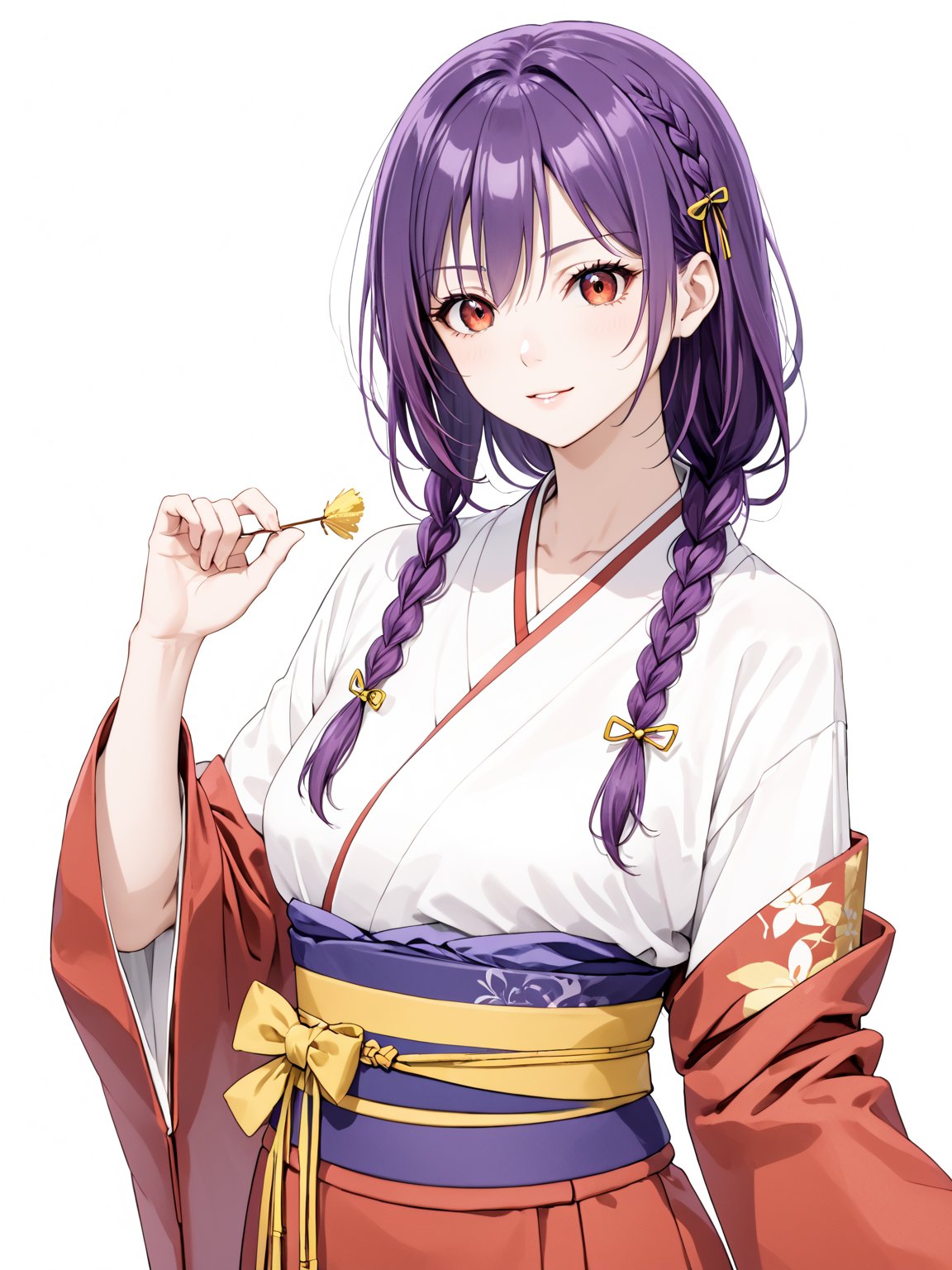 masterpiece, best quality, highres
,//Character, 
1girl, solo,AobaYuzuki, long hair, purple hair, single braid, red eyes
,//Fashion, 
hair ribbon, yellow ribbon, hair over shoulder, red kimono, long sleeves, obi
,//Background, white background
,//Others, ,Expressiveh, 
