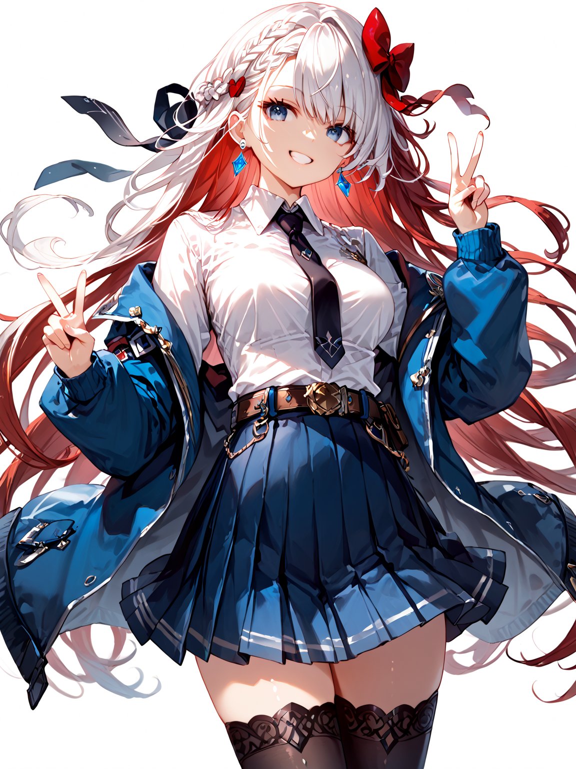 score_9,score_8_up,score_7_up,score_6_up, masterpiece, best quality
,//Character, 
1girl, solo,RiseliaRayCrystalia, very long hair, white hair, braid, blue eyes, medium breasts
,//Fashion, 
earrings, red hair bow, long sleeves, white shirt, collared shirt, black necktie, blue jacket, blue skirt, pleated skirt, black thighhighs, belt
,//Background, white_background
,//Others,
(making a V sign), smile,Expressiveh